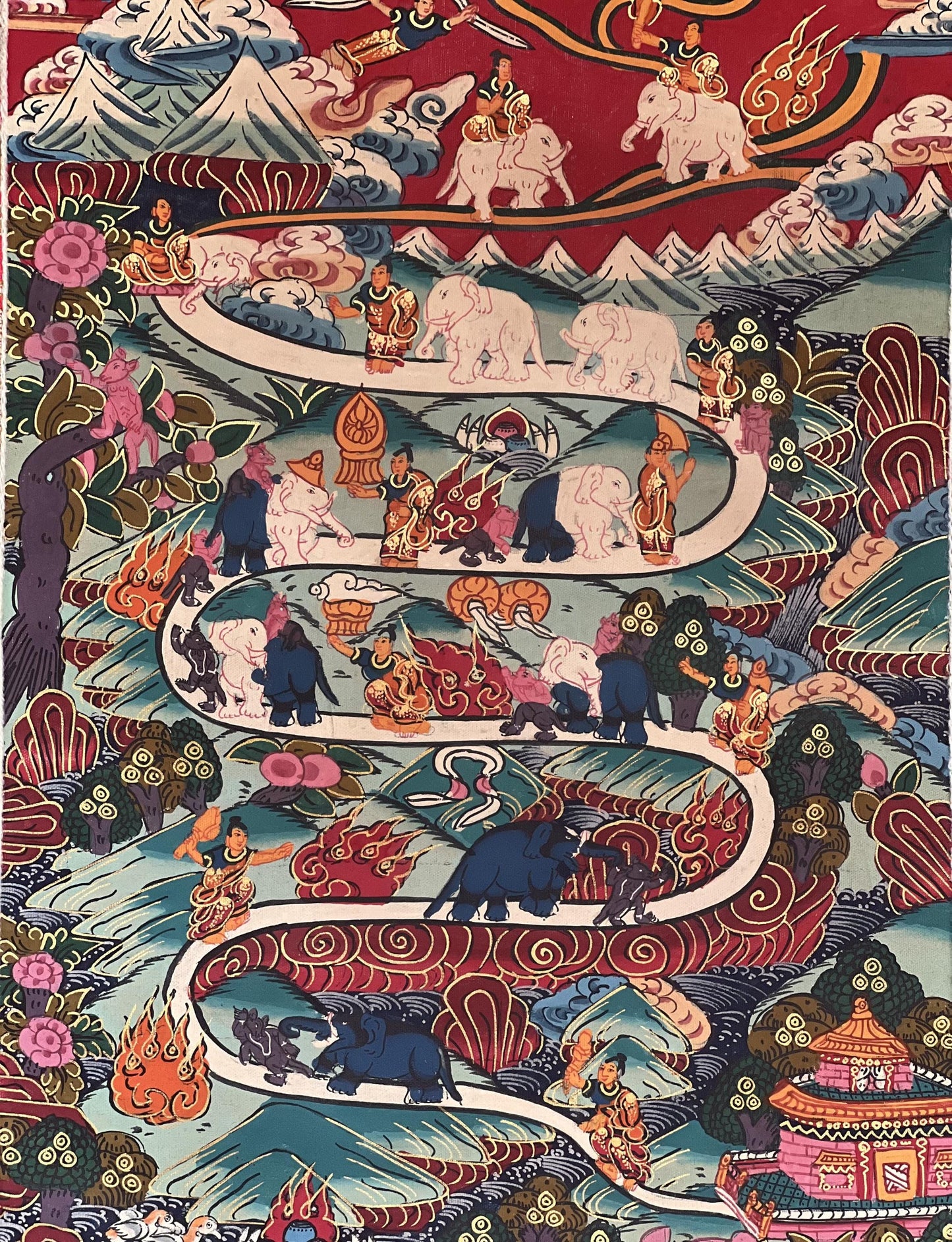 Elephant Path Samatha Meditation Way to Heaven/Nirvana Tibetan Thangka Painting Original Art with Silk Brocade