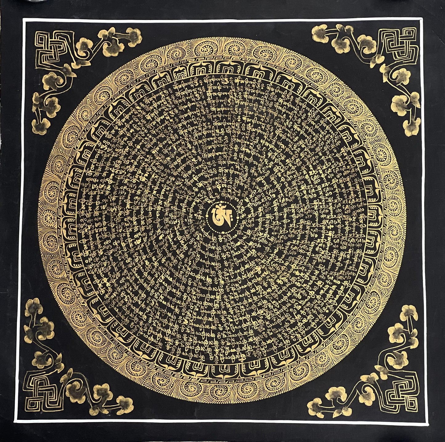 Tibetan Om/ Om Mani Padme Hum Mantra Mandala Wheel of Life  Black and Gold Original Thangka Painting /Meditation Art/Wall Hanging