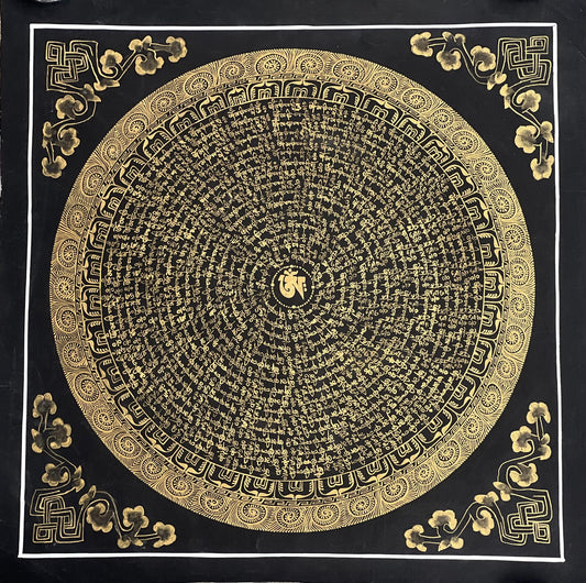 Tibetan Om/ Om Mani Padme Hum Mantra Mandala Wheel of Life  Black and Gold Original Thangka Painting /Meditation Art/Wall Hanging