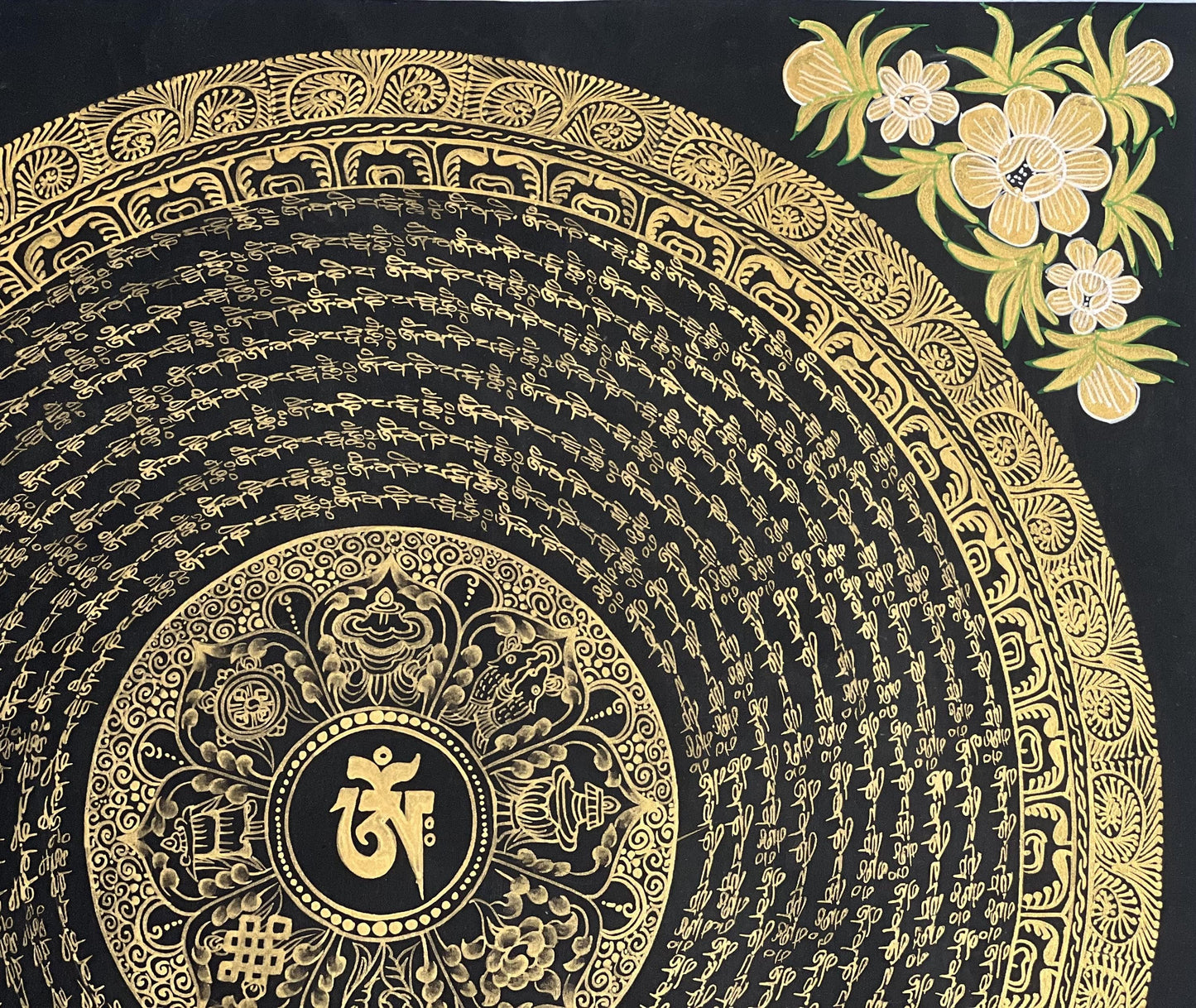 Sacred Om/ Om Mani Padme Hum Mantra Mandala Wheel of Life  Black and Gold Original Tibetan Thangka Painting /Meditation Art/Wall Hanging