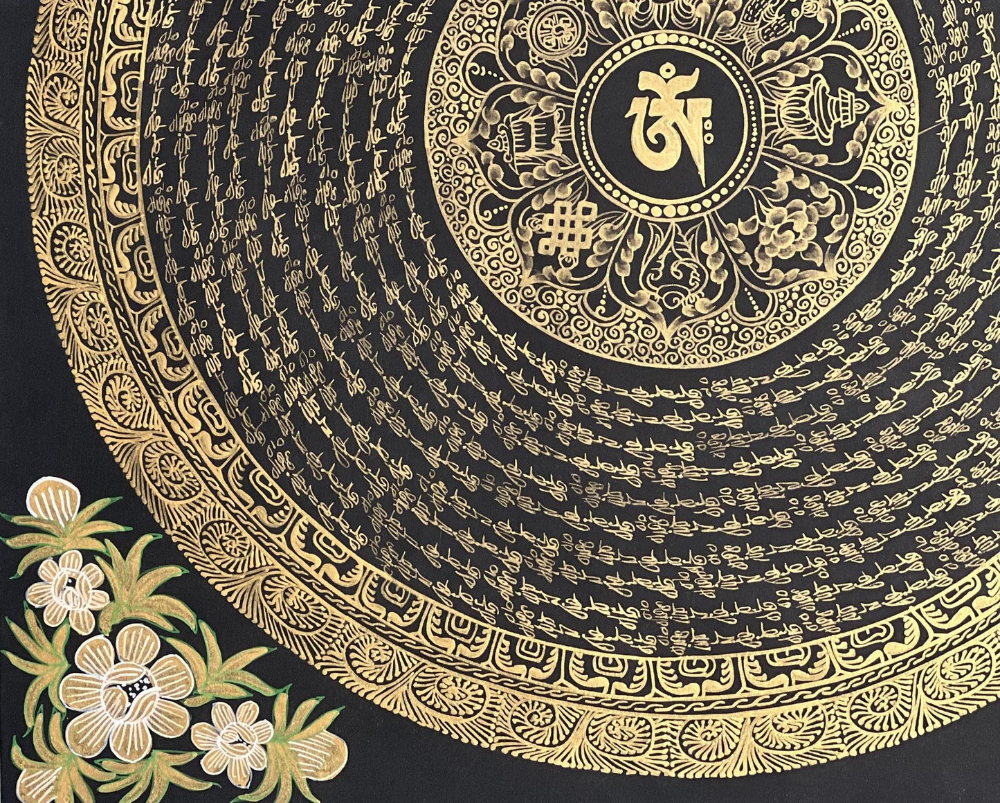 Sacred Om/ Om Mani Padme Hum Mantra Mandala Wheel of Life  Black and Gold Original Tibetan Thangka Painting /Meditation Art/Wall Hanging