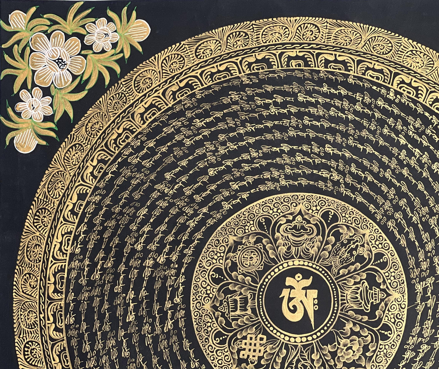 Sacred Om/ Om Mani Padme Hum Mantra Mandala Wheel of Life  Black and Gold Original Tibetan Thangka Painting /Meditation Art/Wall Hanging