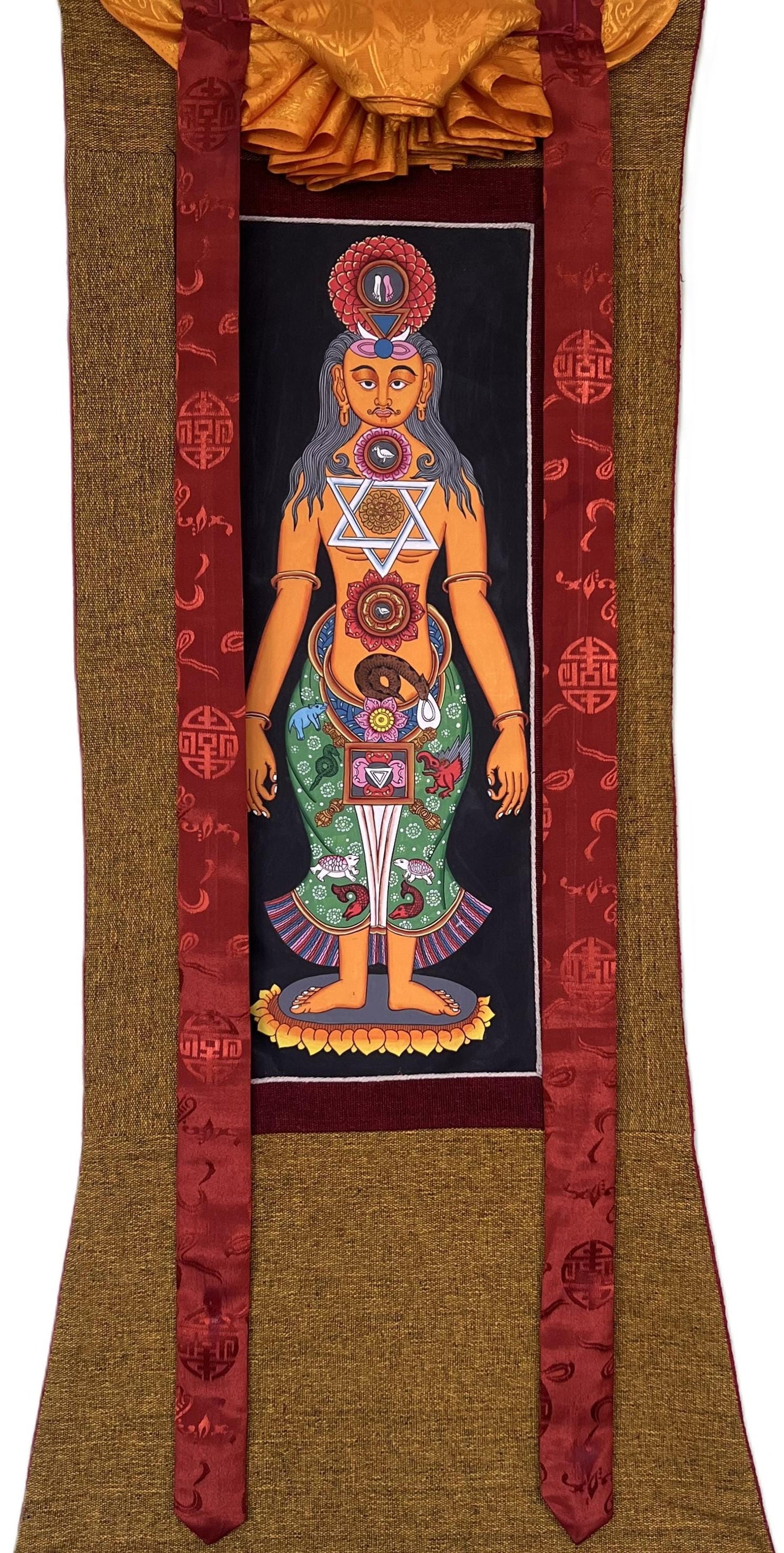 7 Chakra/ Kundalini Energy/ Kundalini Yoga/ Thangka Painting/ Yogic Chakra/ Original Hand-painted Art with  Cotton Brocade