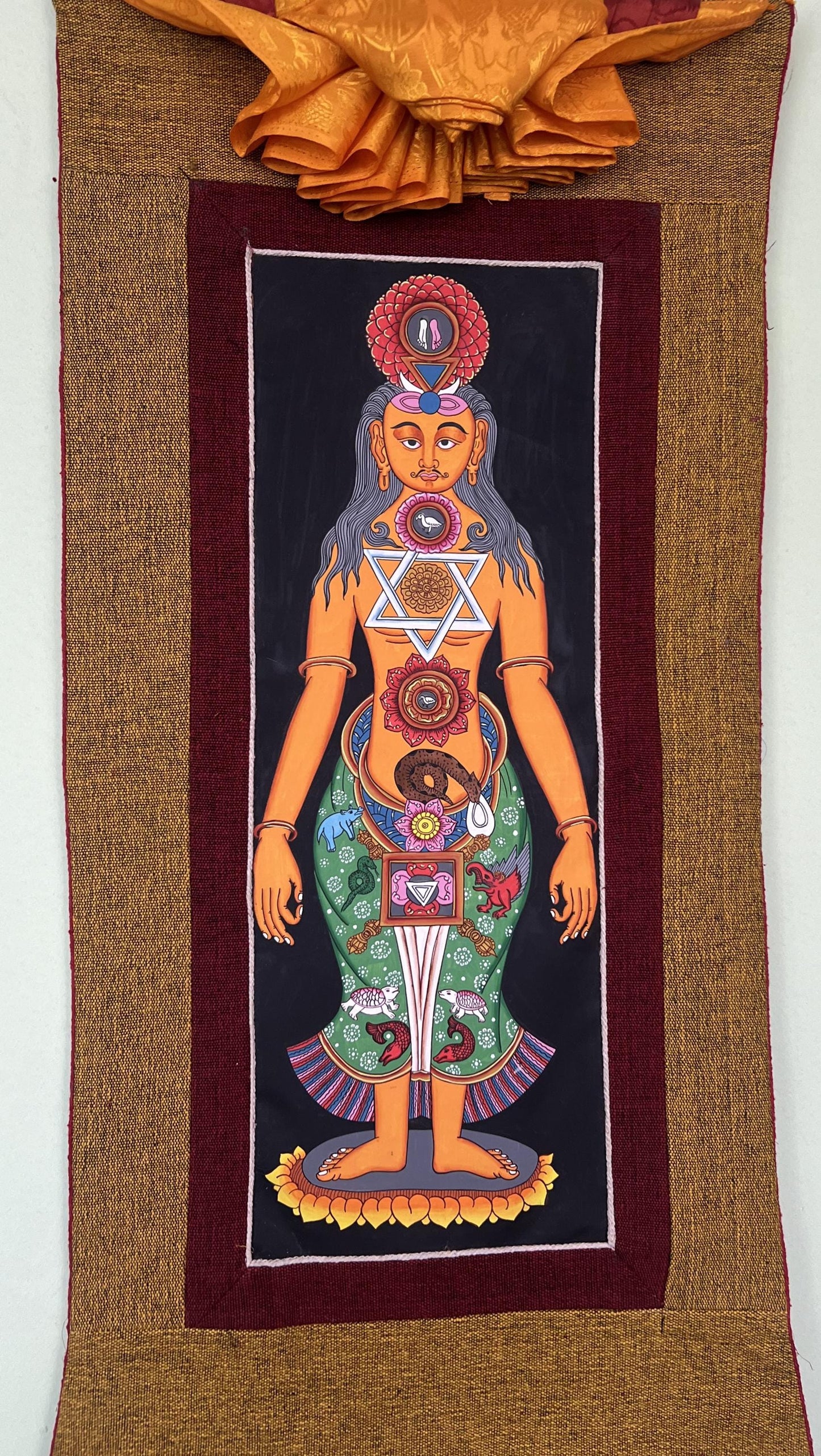 7 Chakra/ Kundalini Energy/ Kundalini Yoga/ Thangka Painting/ Yogic Chakra/ Original Hand-painted Art with  Cotton Brocade