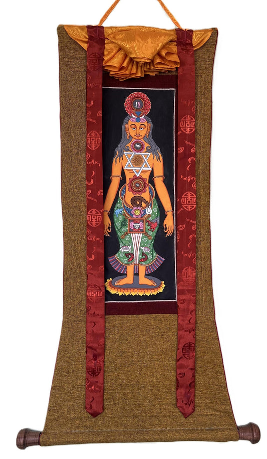 7 Chakra/ Kundalini Energy/ Kundalini Yoga/ Thangka Painting/ Yogic Chakra/ Original Hand-painted Art with  Cotton Brocade