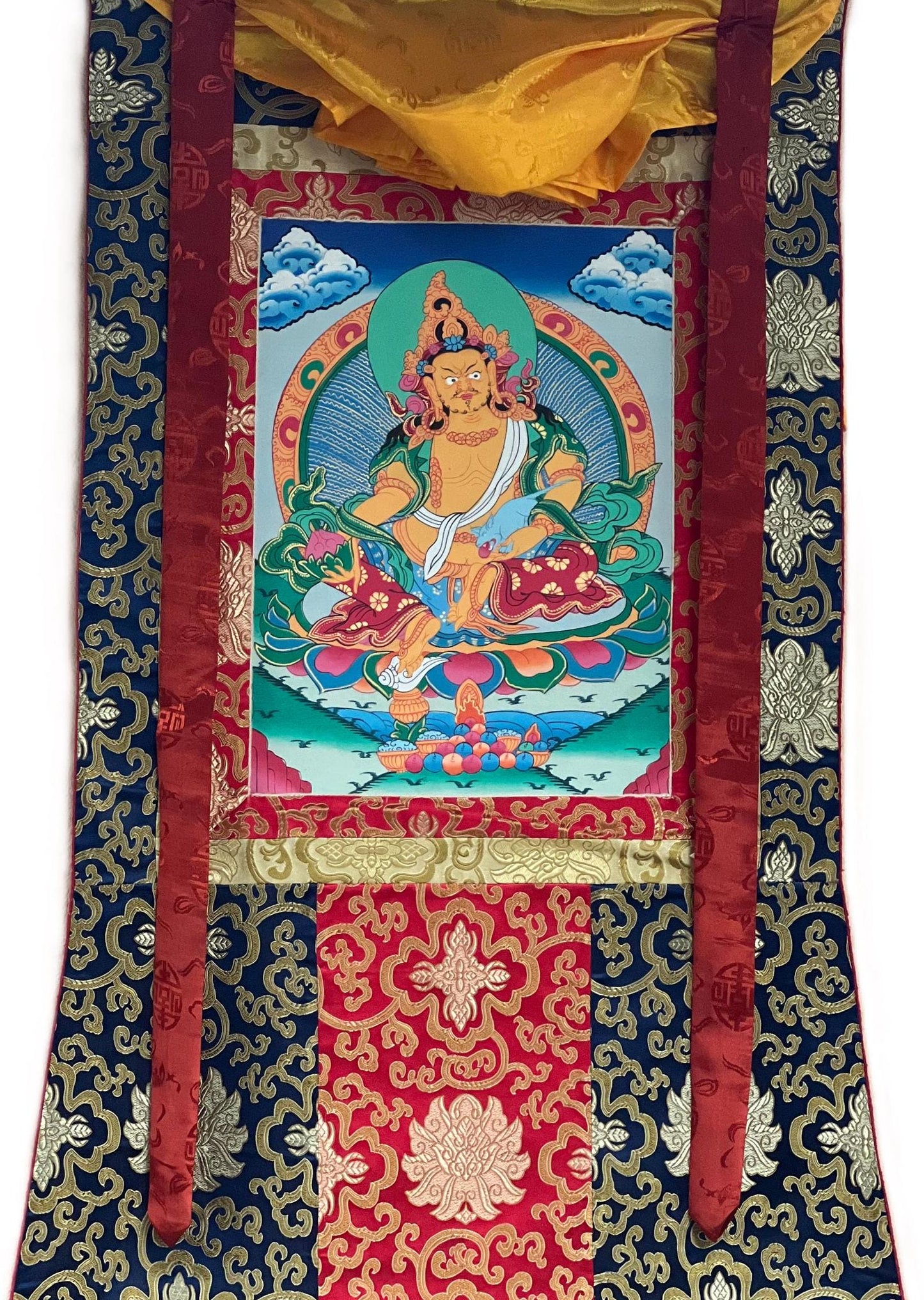 Jambala/ Jambhala/ Dzambala/ Zambala/ Kuber God of Wealth  Tibetan Thangka Painting/ Original Hand-painted Art  with Silk Frame