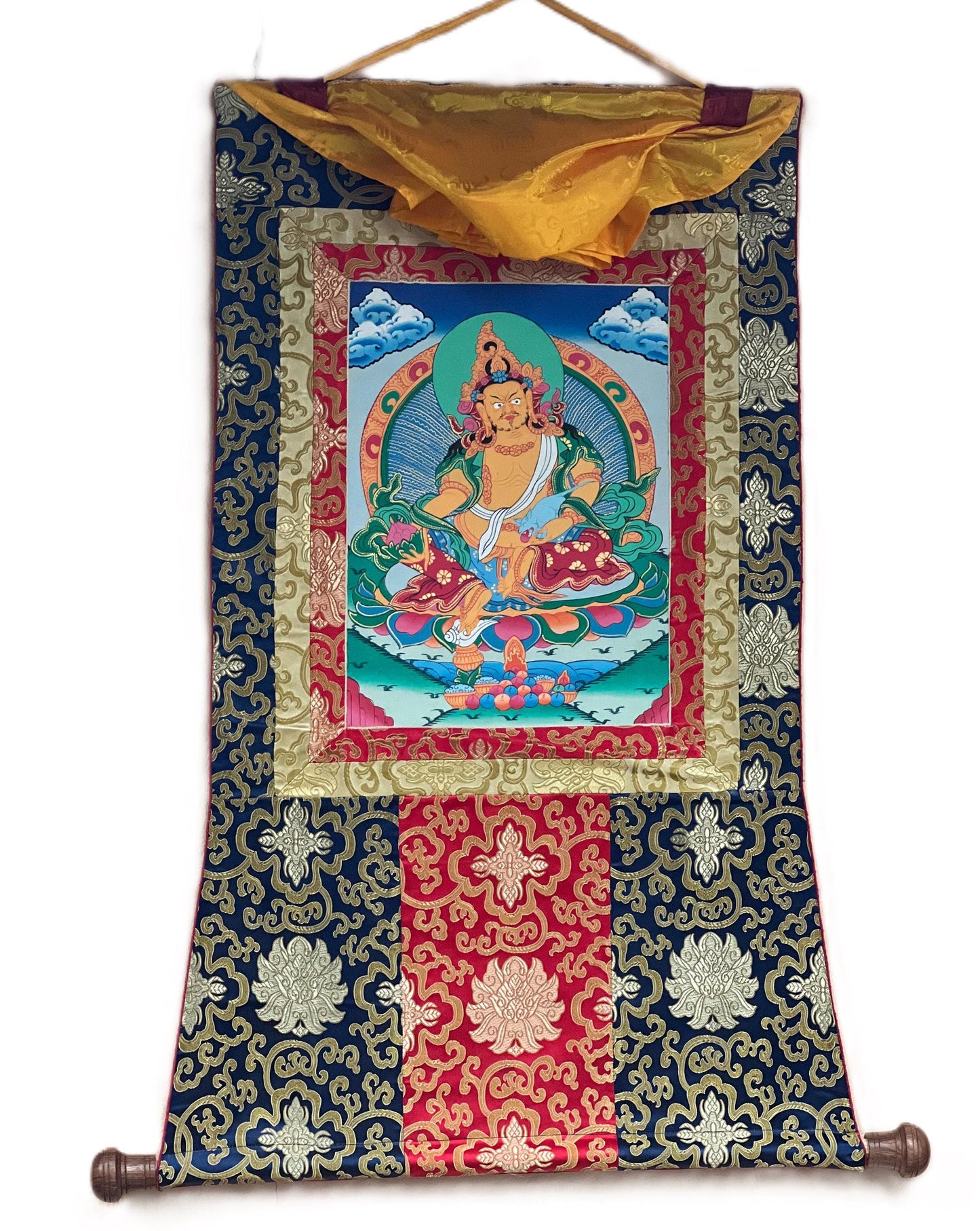 Jambala/ Jambhala/ Dzambala/ Zambala/ Kuber God of Wealth  Tibetan Thangka Painting/ Original Hand-painted Art  with Silk Frame