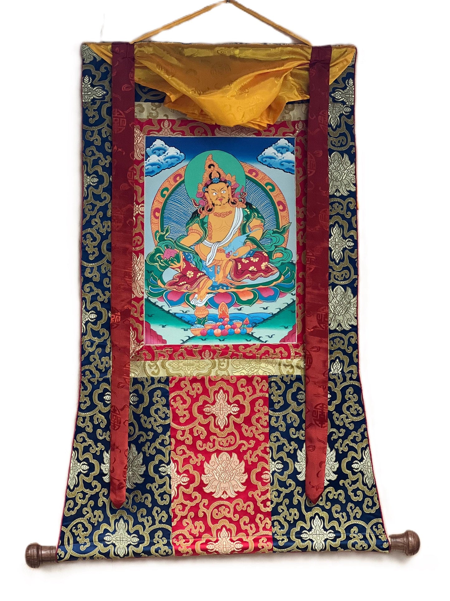 Jambala/ Jambhala/ Dzambala/ Zambala/ Kuber God of Wealth  Tibetan Thangka Painting/ Original Hand-painted Art  with Silk Frame