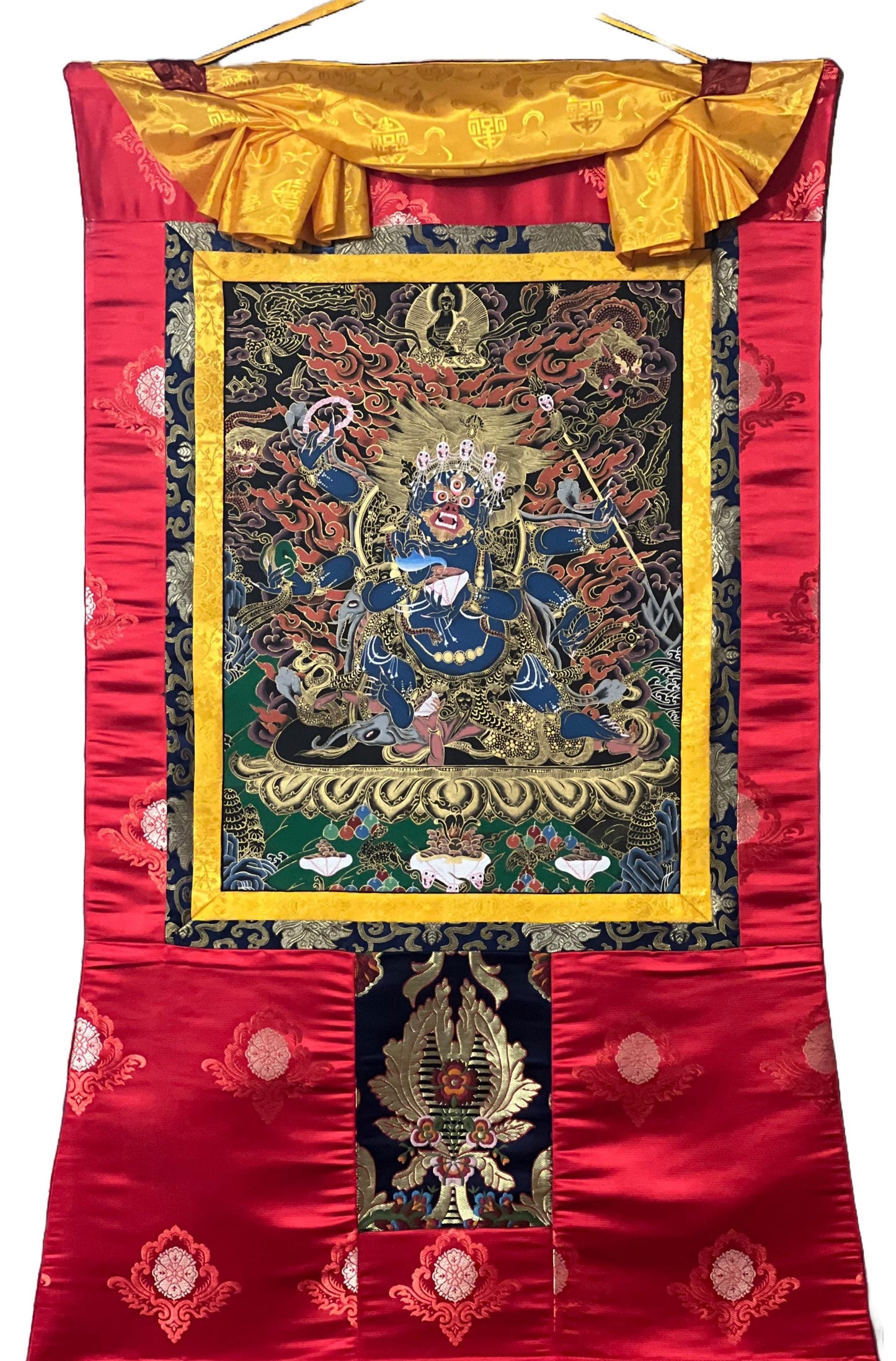 6-Armed Mahakala Kalabhairava Masterpiece Tibetan Thangka Painting, Original Art  Framed with High-Quality Silk