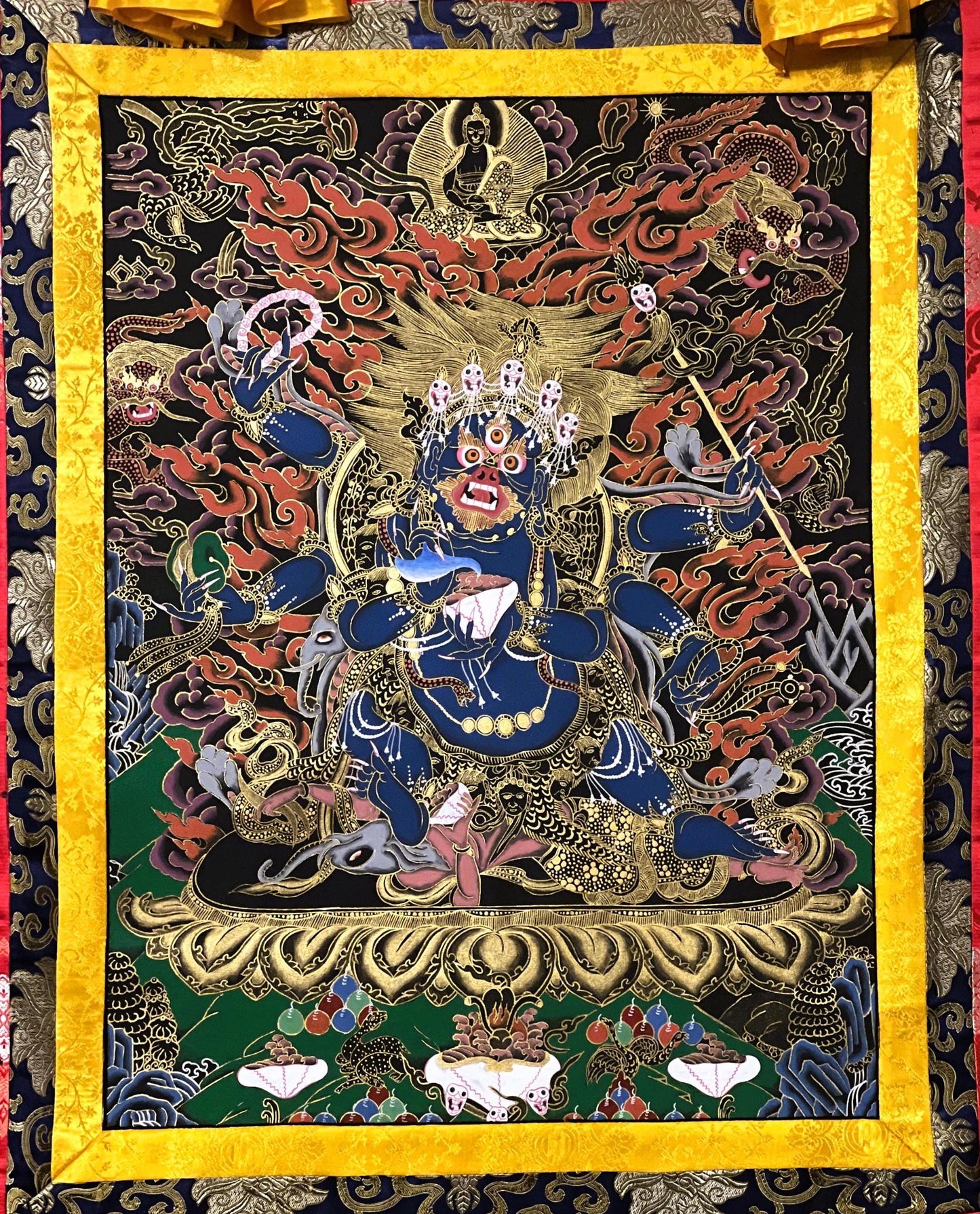 6-Armed Mahakala Kalabhairava Masterpiece Tibetan Thangka Painting, Original Art  Framed with High-Quality Silk