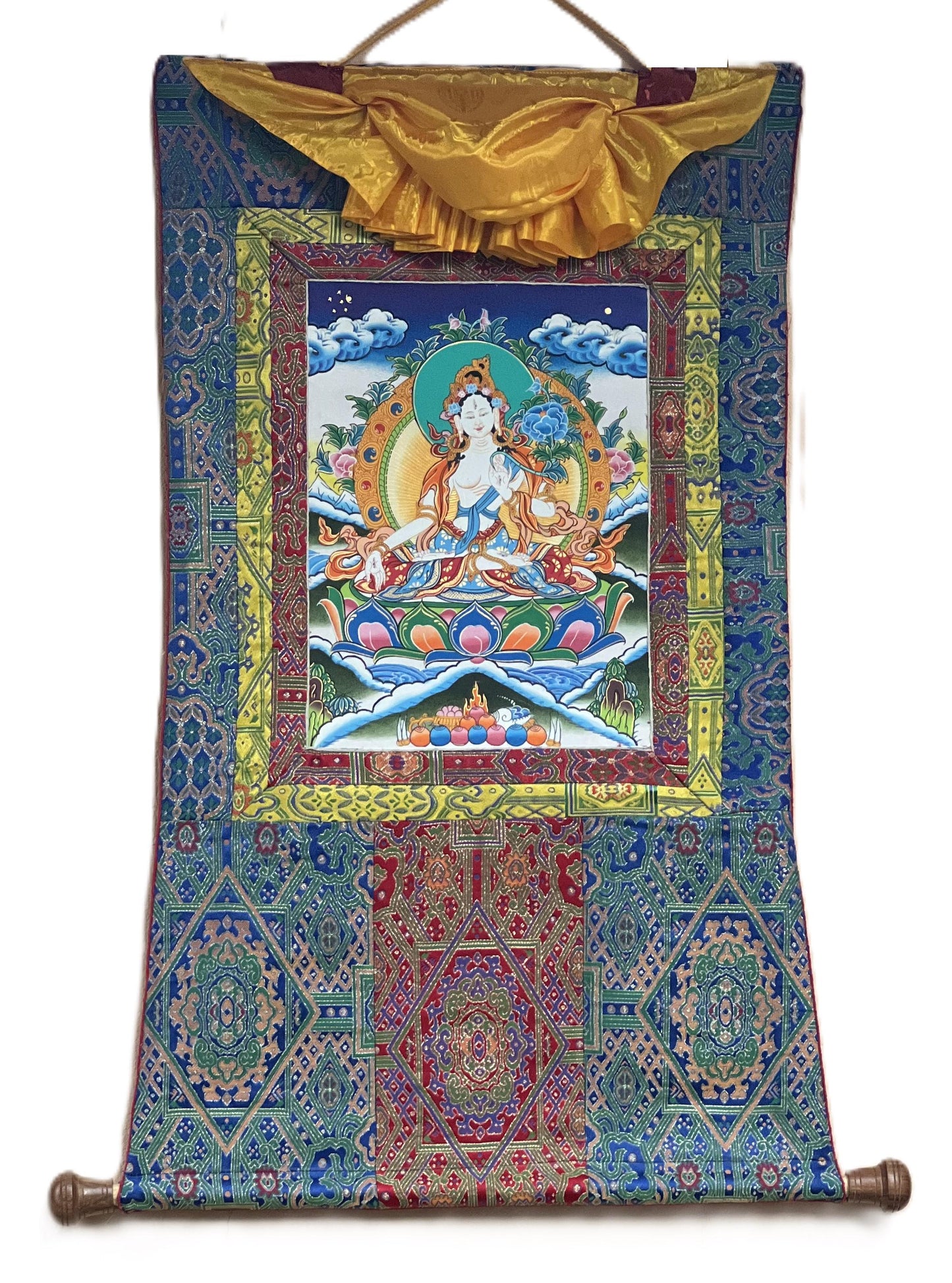 White Tara/ Sitatara/ Mother Goddess Hand Painted Original Masterpiece Tibetan Thangka Painting Meditation Art with High-quality Silk Border