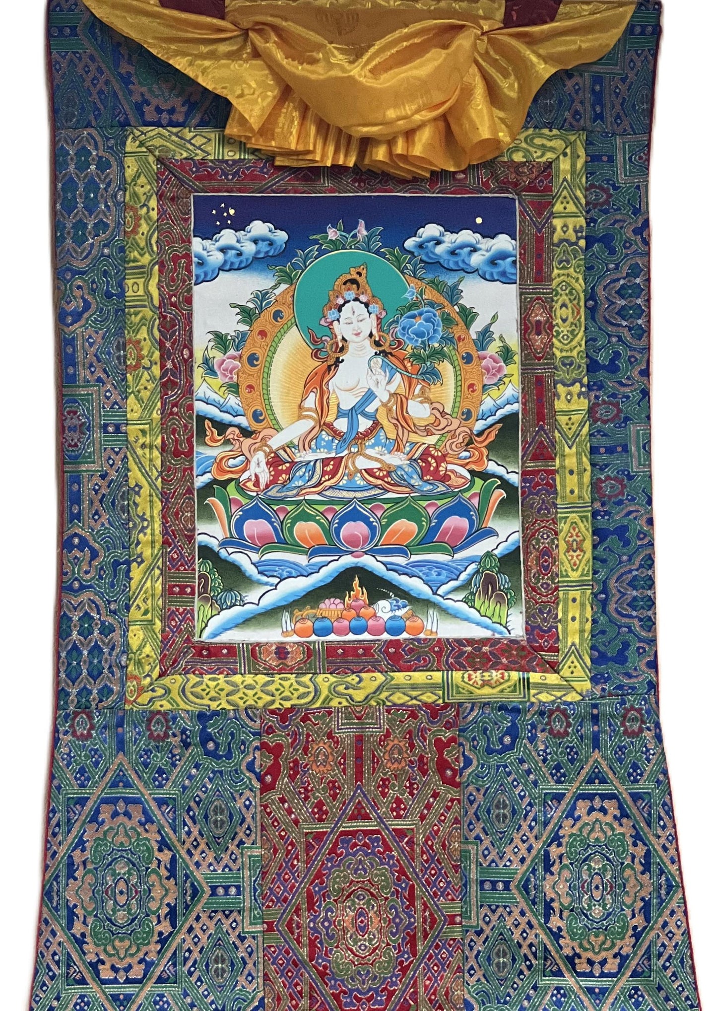 White Tara/ Sitatara/ Mother Goddess Hand Painted Original Masterpiece Tibetan Thangka Painting Meditation Art with High-quality Silk Border