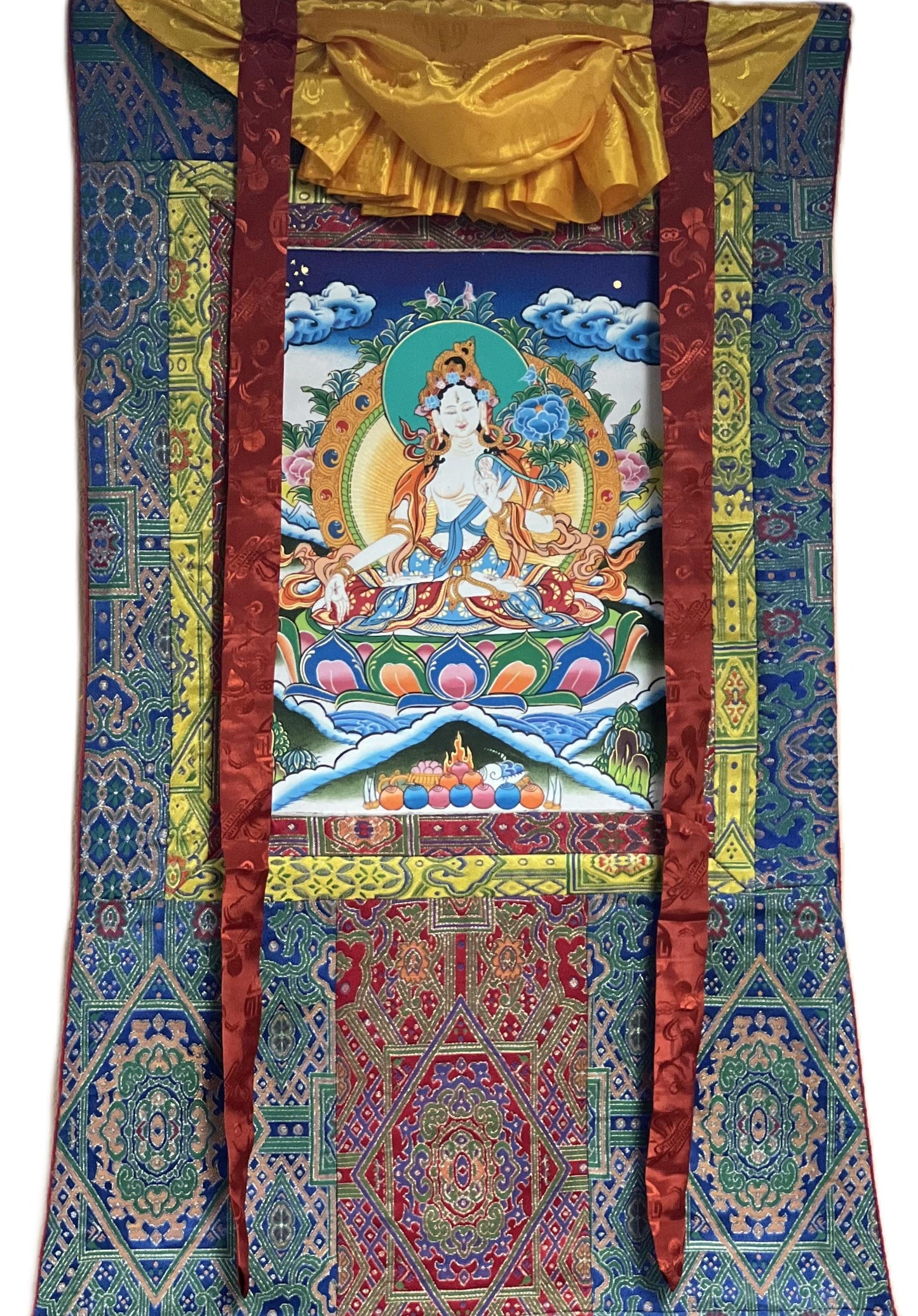 White Tara/ Sitatara/ Mother Goddess Hand Painted Original Masterpiece Tibetan Thangka Painting Meditation Art with High-quality Silk Border