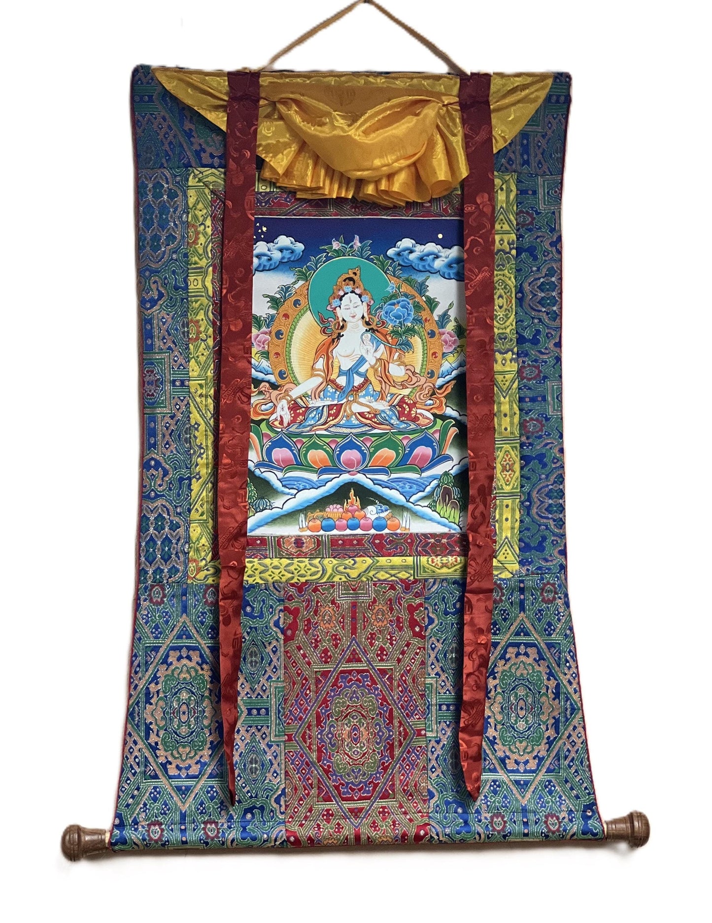 White Tara/ Sitatara/ Mother Goddess Hand Painted Original Masterpiece Tibetan Thangka Painting Meditation Art with High-quality Silk Border