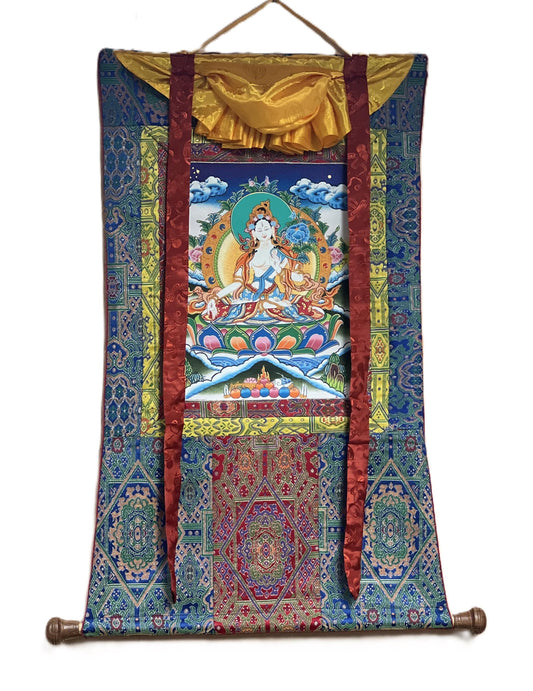 White Tara/ Sitatara/ Mother Goddess Hand Painted Original Masterpiece Tibetan Thangka Painting Meditation Art with High-quality Silk Border