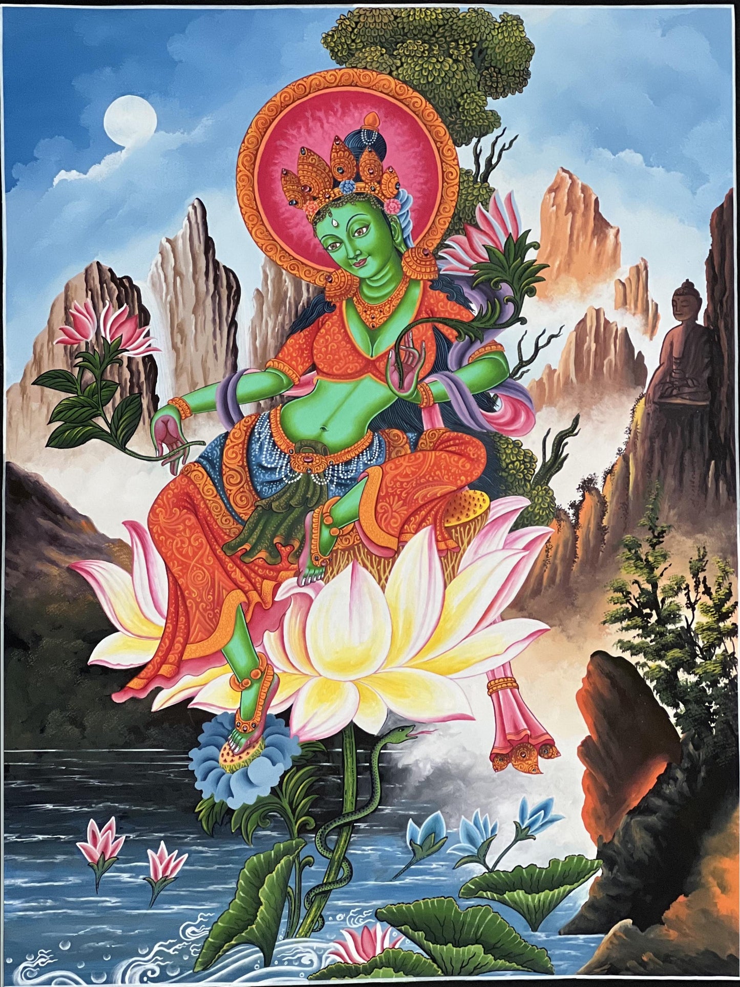 Green Tara/ Divine Mother /Shyamatara Masterpiece Newari Paubha/Pauva Thangka Painting Original Hand-Painting Newari Art from Kathmandu