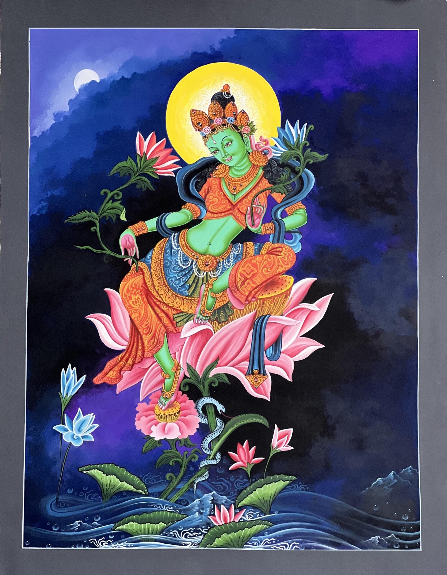 Green Tara/ Divine Mother /Shyamatara Masterpiece Newari Paubha/Pauva Thangka Painting Original Hand-Painted Newari Art from Nepal