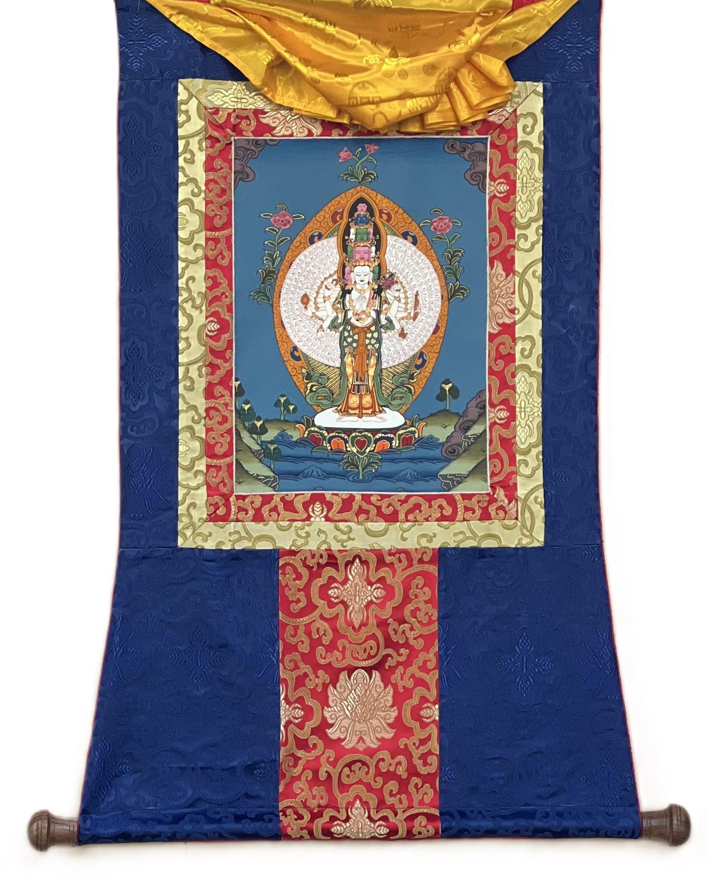 Chyangresi/Chenrezig/ Avalokiteshvara Tibetan Thangka Painting, Original Art/ Hand Painting with Silk Border