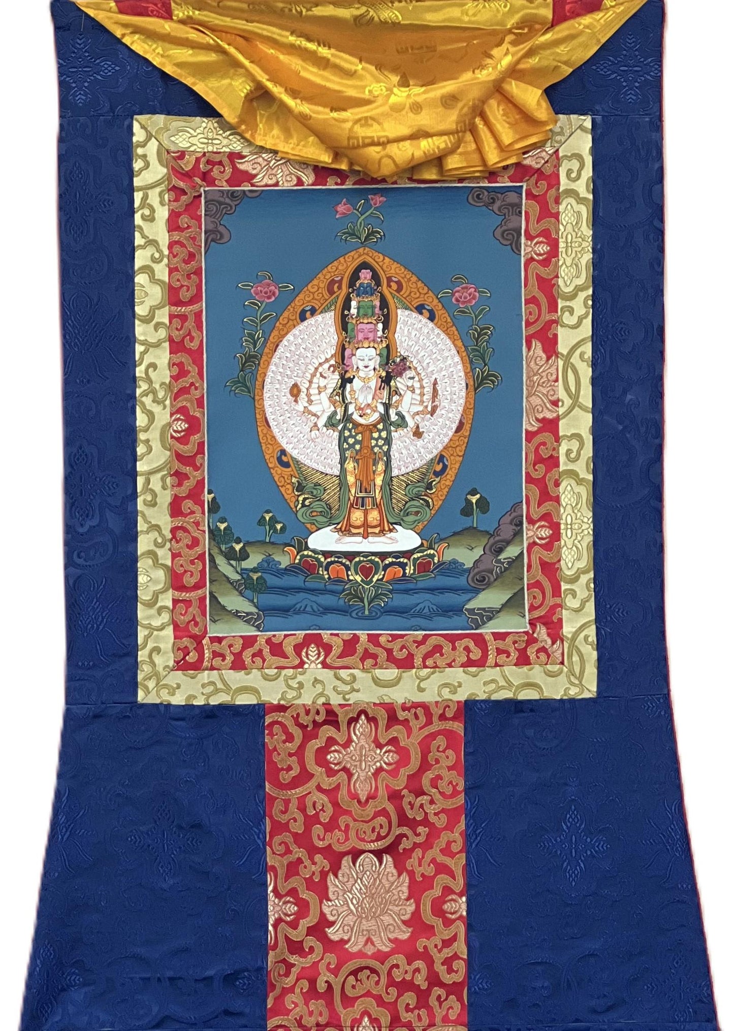 Chyangresi/Chenrezig/ Avalokiteshvara Tibetan Thangka Painting, Original Art/ Hand Painting with Silk Border