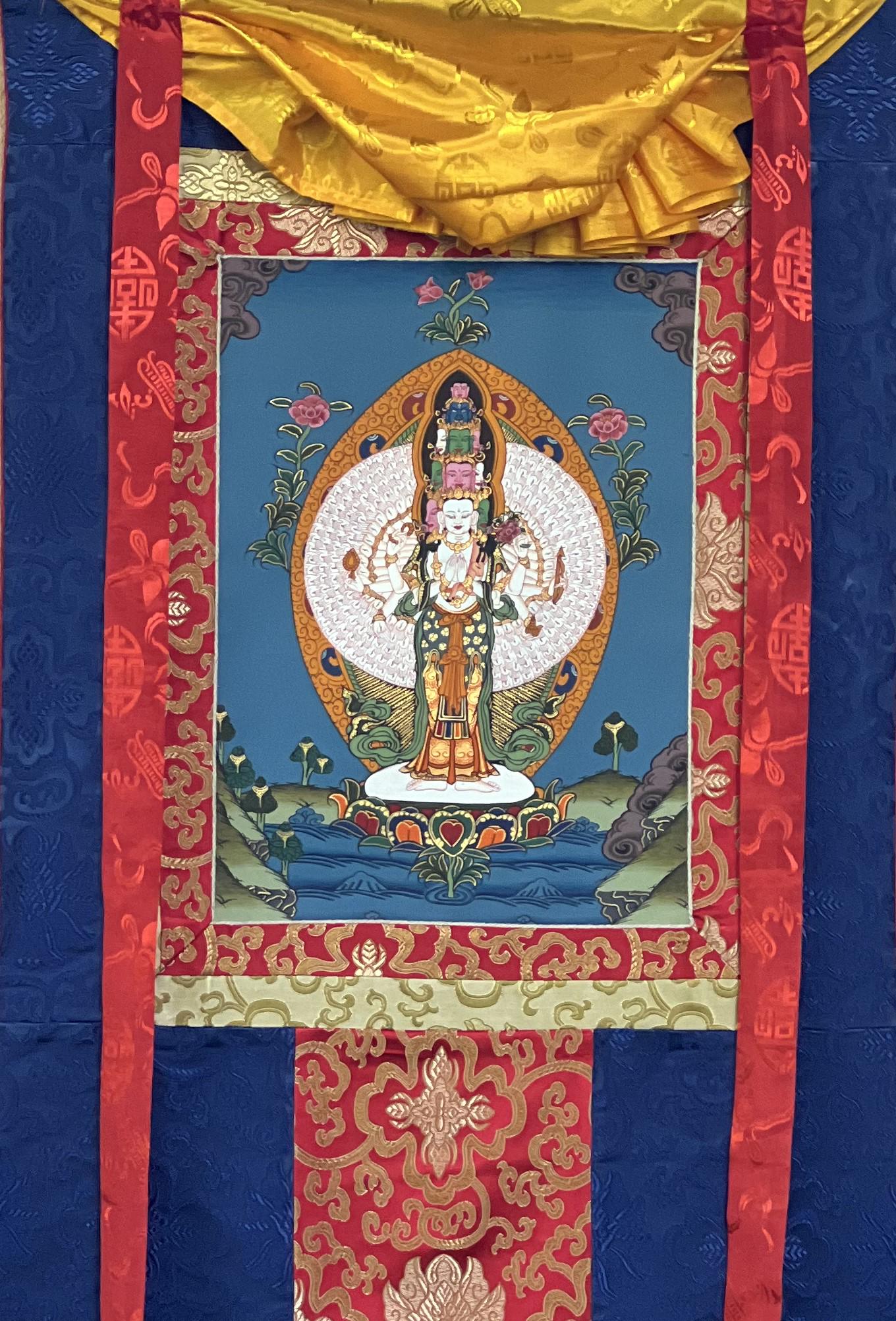 Chyangresi/Chenrezig/ Avalokiteshvara Tibetan Thangka Painting, Original Art/ Hand Painting with Silk Border