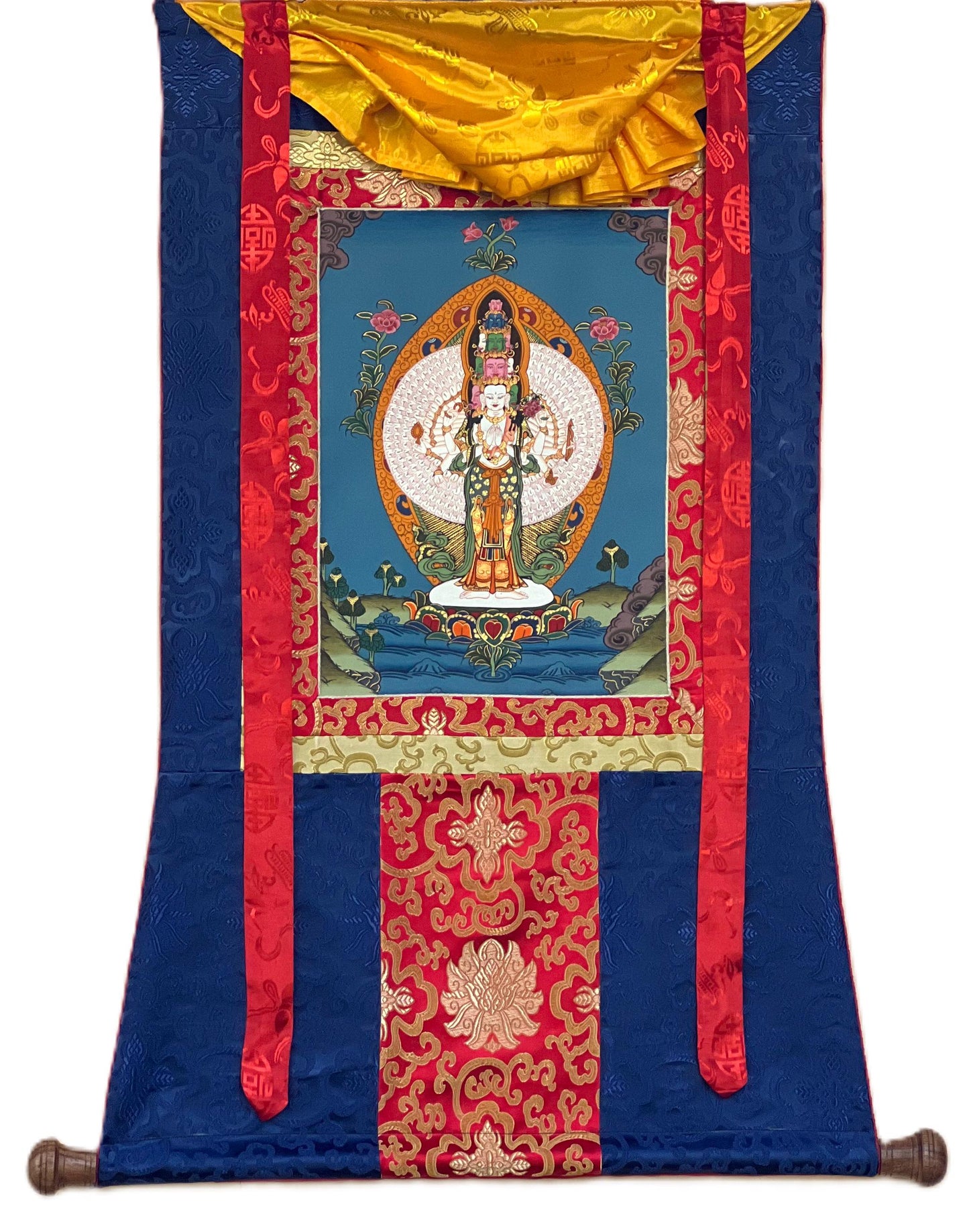 Chyangresi/Chenrezig/ Avalokiteshvara Tibetan Thangka Painting, Original Art/ Hand Painting with Silk Border