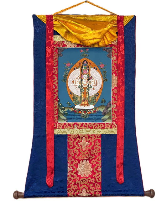 Chyangresi/Chenrezig/ Avalokiteshvara Tibetan Thangka Painting, Original Art/ Hand Painting with Silk Border