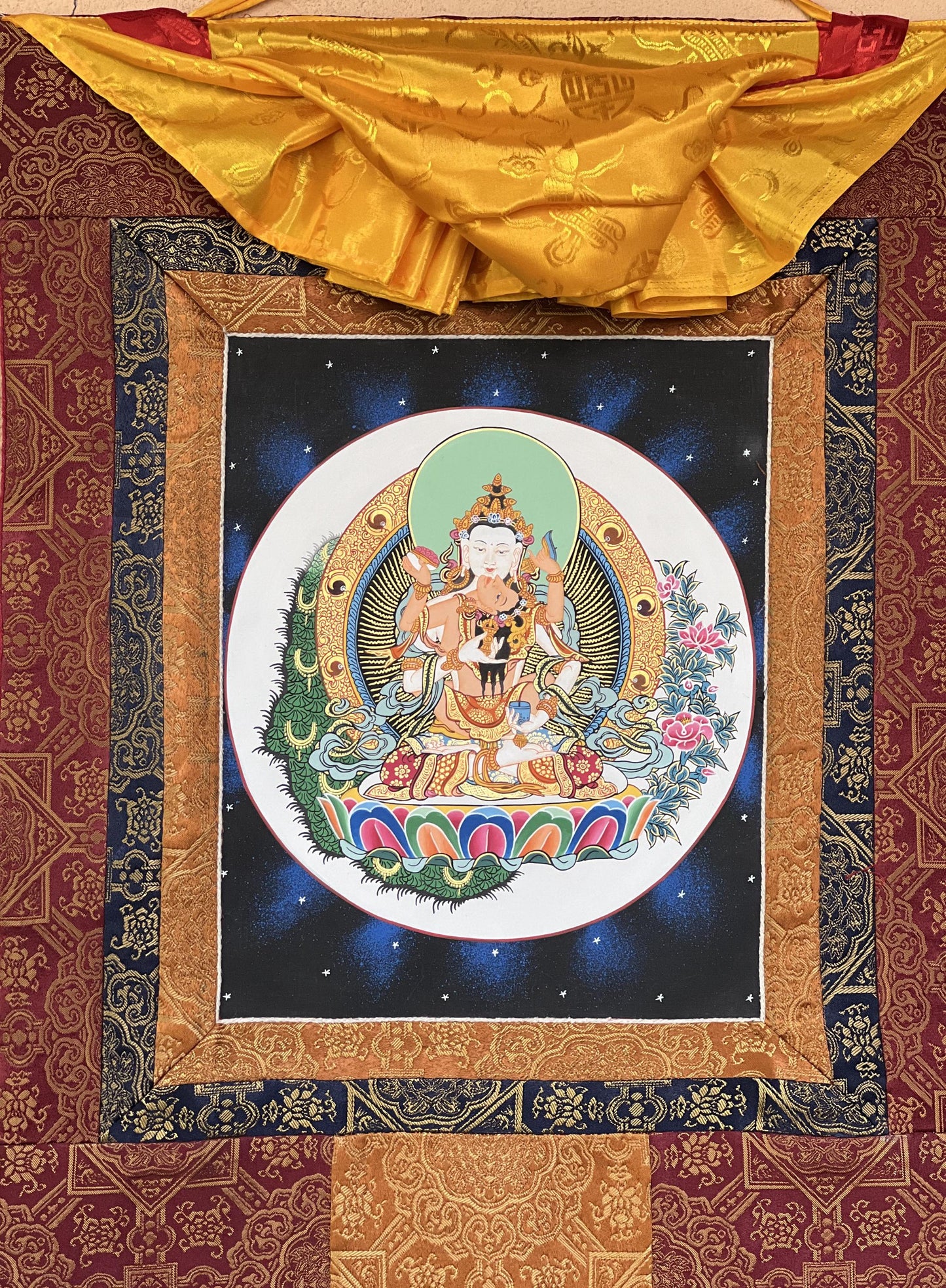 Vajrasattva Shakti in YabYum position Tibetan Thangka Painting Compassion Meditation Art with High-Quality Silk Brocade