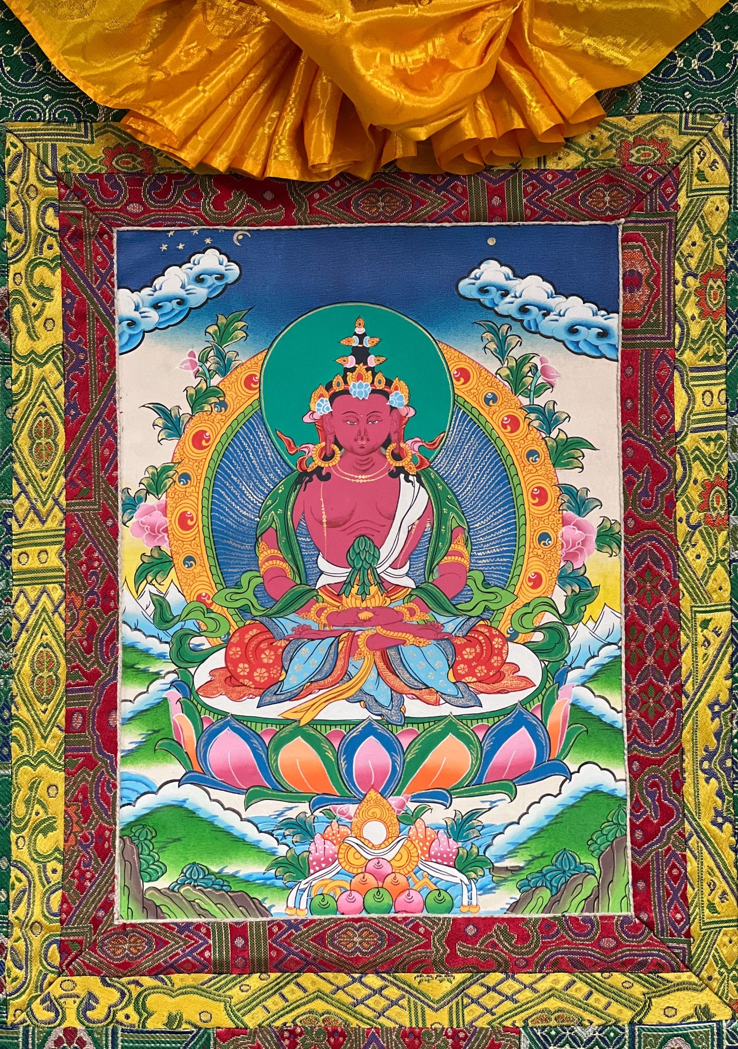 Original Hand Painted Amitayus/Amitabha Buddha/  Pure Land (Sukhavati) Tibetan Thangka Painting/ Art with High Quality Silk Brocade