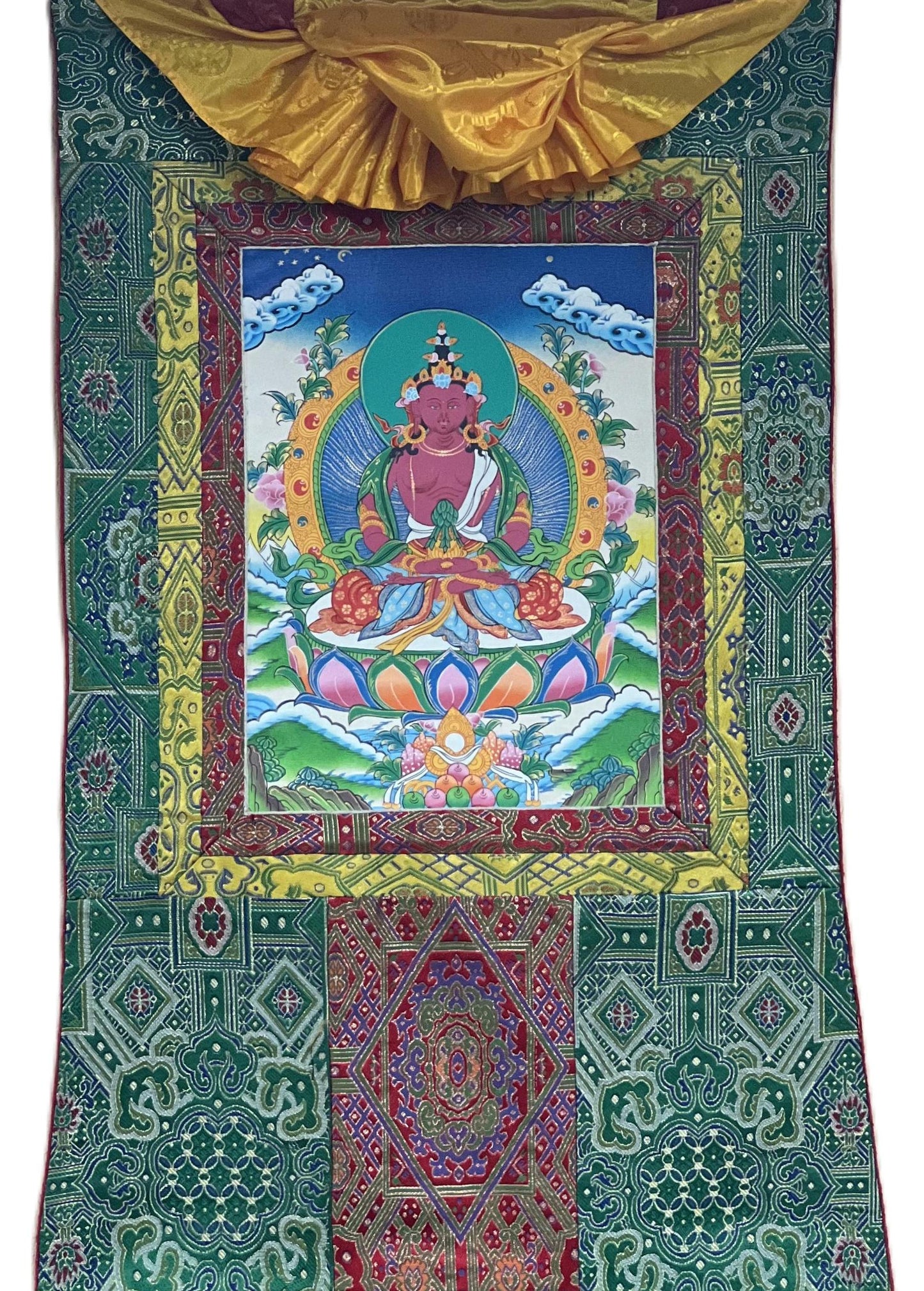 Original Hand Painted Amitayus/Amitabha Buddha/  Pure Land (Sukhavati) Tibetan Thangka Painting/ Art with High Quality Silk Brocade