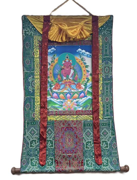 Original Hand Painted Amitayus/Amitabha Buddha/  Pure Land (Sukhavati) Tibetan Thangka Painting/ Art with High Quality Silk Brocade