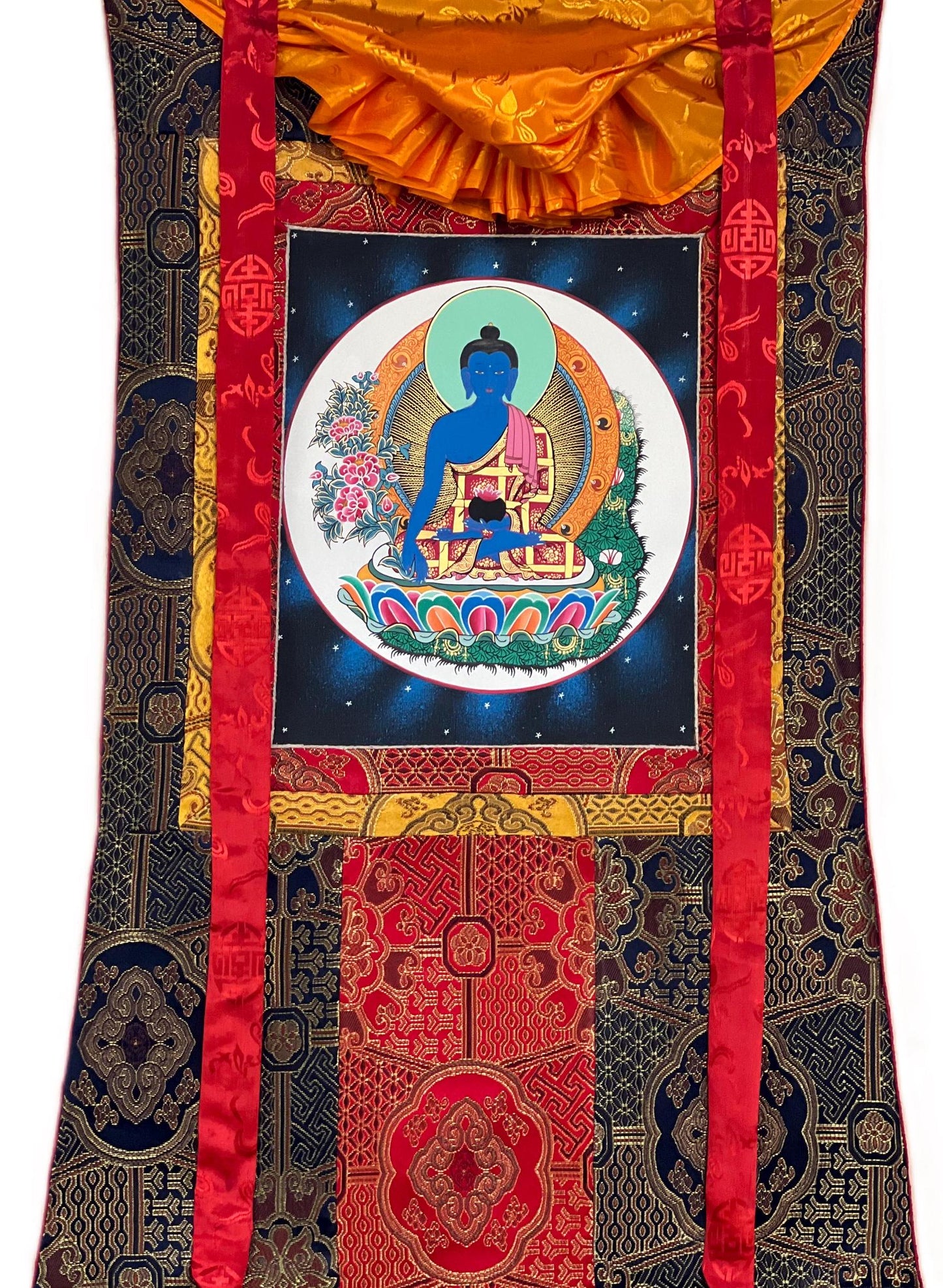 Bhaisajyaguru Medicine Buddha Master Heraler  High-Quality Masterpiece Tibetan Thangka Painting Original Art  with Premium Silk Frame