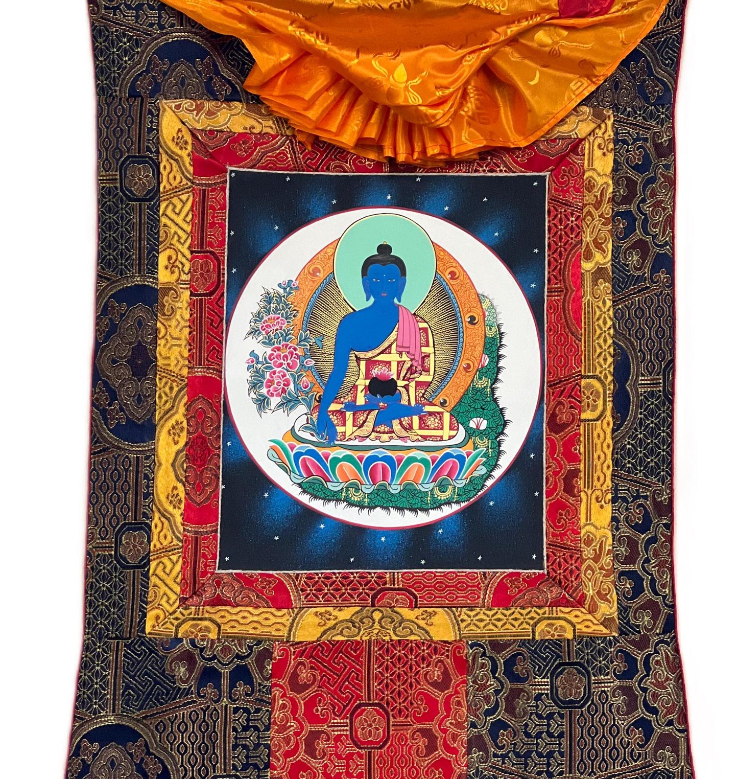 Bhaisajyaguru Medicine Buddha Master Heraler  High-Quality Masterpiece Tibetan Thangka Painting Original Art  with Premium Silk Frame