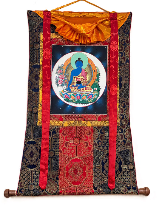 Bhaisajyaguru Medicine Buddha Master Heraler  High-Quality Masterpiece Tibetan Thangka Painting Original Art  with Premium Silk Frame