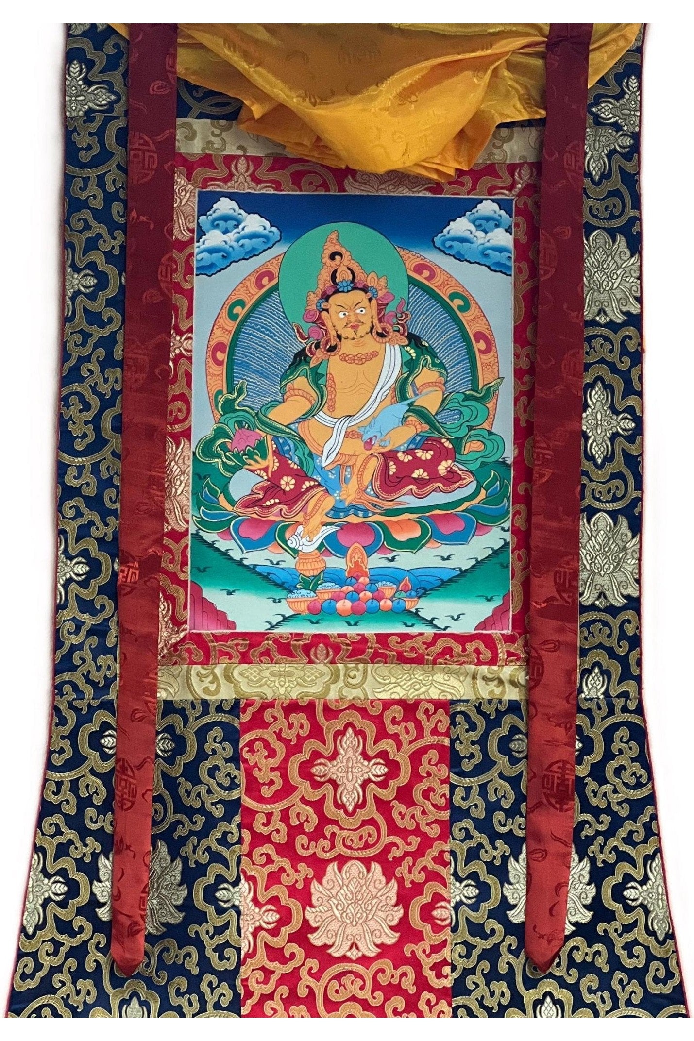 Jambala/ Jambhala/ Dzambala/ Zambala/ Kuber God of Wealth Tibetan Thangka Painting/ Original Hand - painted Art with Silk Frame - Tibetan Thangka Art