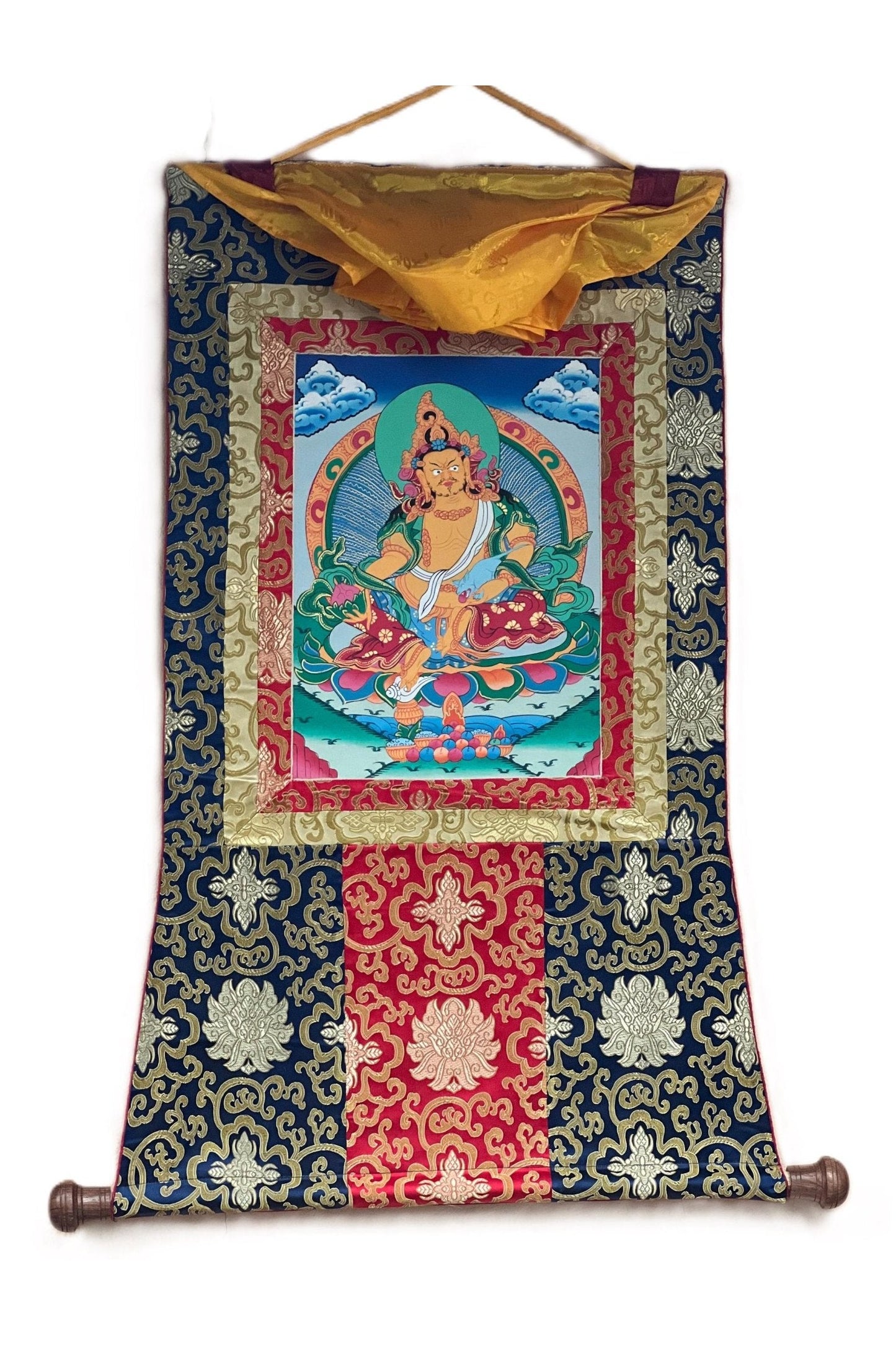 Jambala/ Jambhala/ Dzambala/ Zambala/ Kuber God of Wealth Tibetan Thangka Painting/ Original Hand - painted Art with Silk Frame - Tibetan Thangka Art