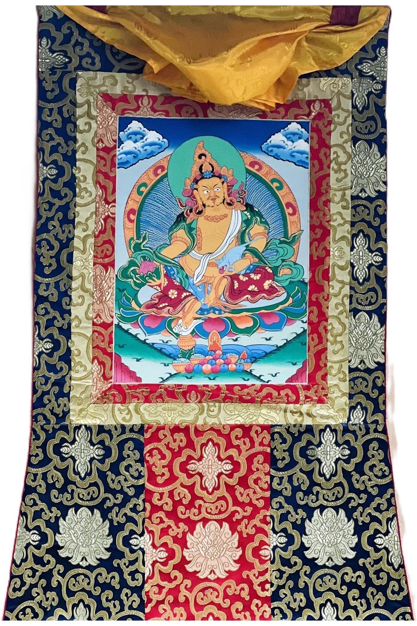 Jambala/ Jambhala/ Dzambala/ Zambala/ Kuber God of Wealth Tibetan Thangka Painting/ Original Hand - painted Art with Silk Frame - Tibetan Thangka Art