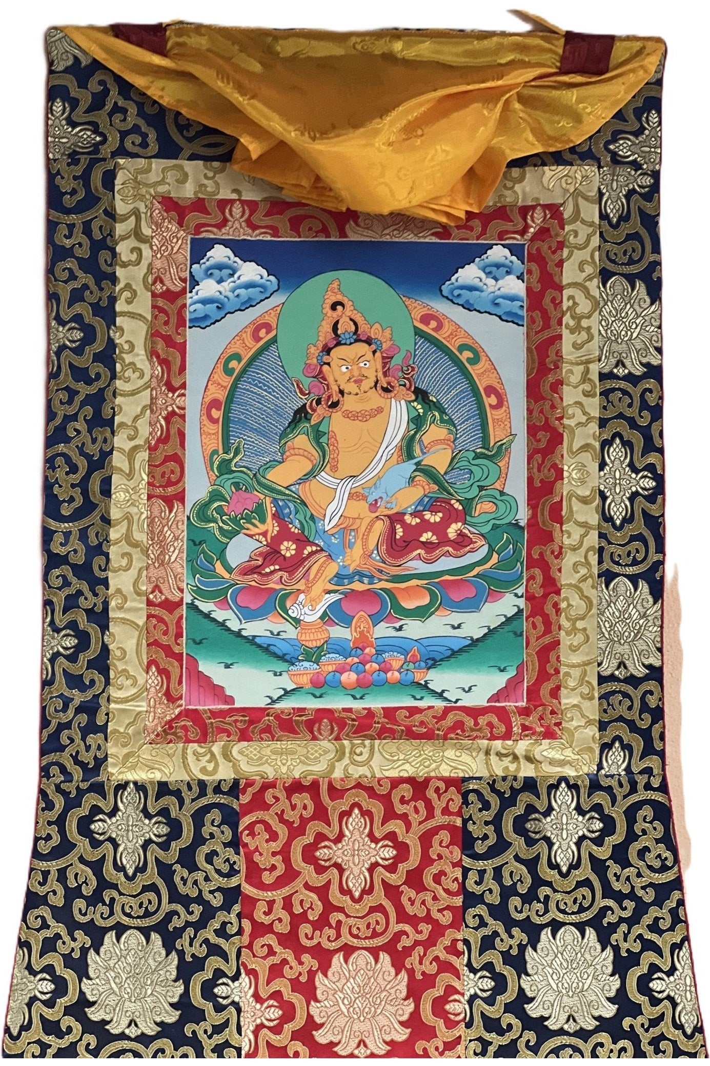 Jambala/ Jambhala/ Dzambala/ Zambala/ Kuber God of Wealth Tibetan Thangka Painting/ Original Hand - painted Art with Silk Frame - Tibetan Thangka Art