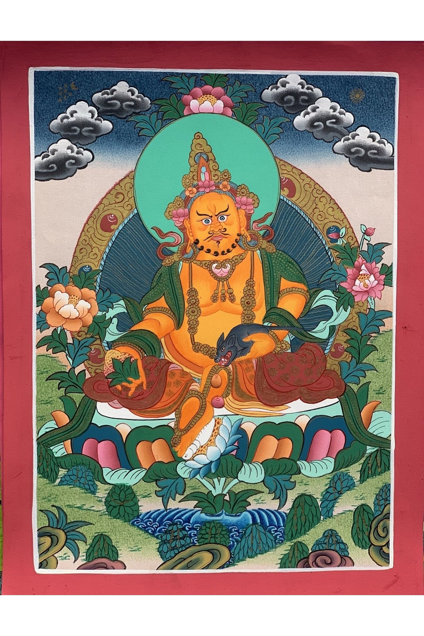 Jambhala Dzambala Zambala God of Wealth Master Quality Tibetan Thangka Painting Original Art 10 x 13 Inch - Tibetan Thangka Art