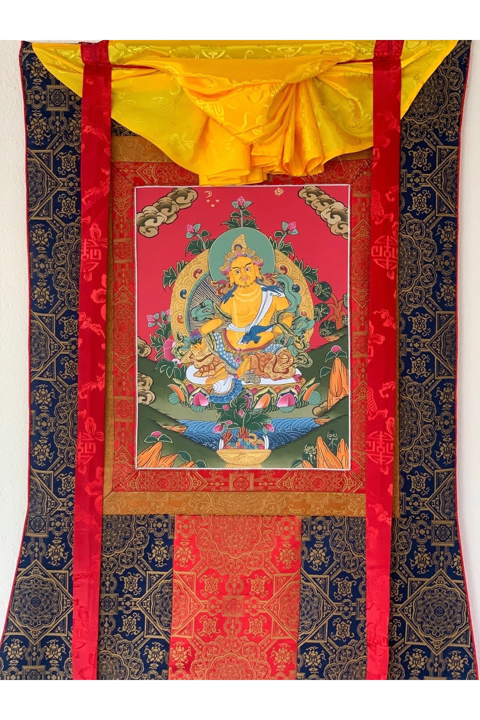 Jambhala, Dzambhala, Dzambala, Zambala, Jambala, Tibetan Thangka Painting, Original Art with Silk Frame - Tibetan Thangka Art