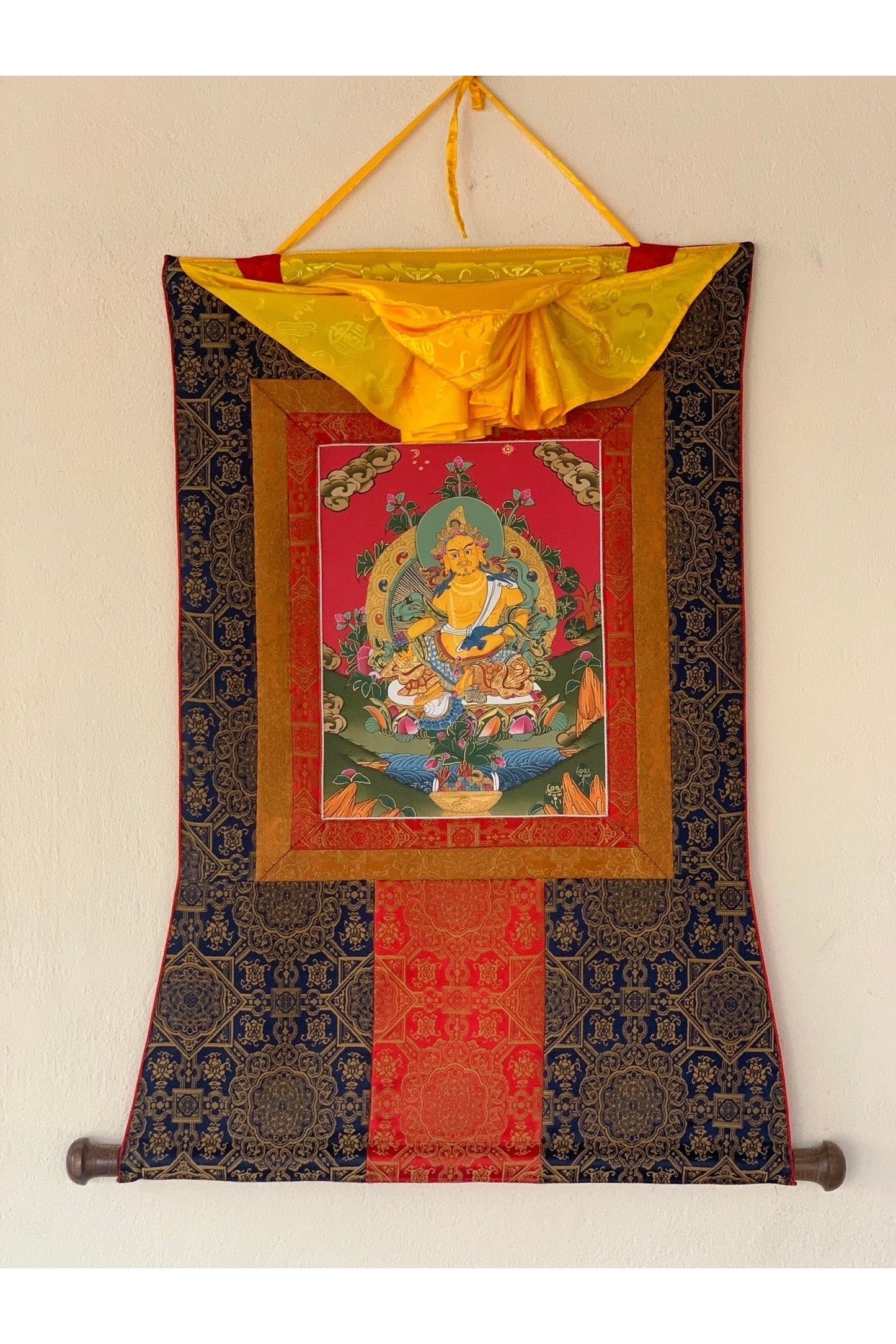 Jambhala, Dzambhala, Dzambala, Zambala, Jambala, Tibetan Thangka Painting, Original Art with Silk Frame - Tibetan Thangka Art