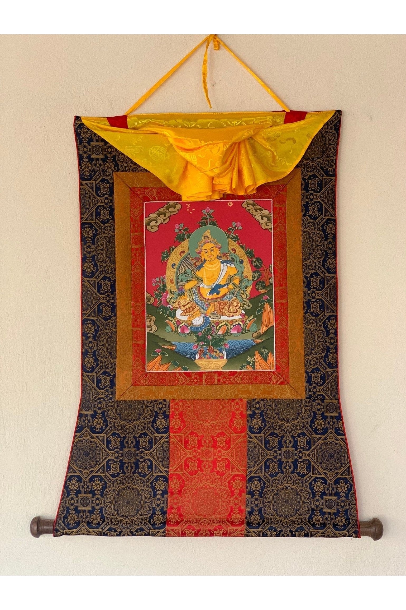 Jambhala, Dzambhala, Dzambala, Zambala, Jambala, Tibetan Thangka Painting, Original Art with Silk Frame - Tibetan Thangka Art