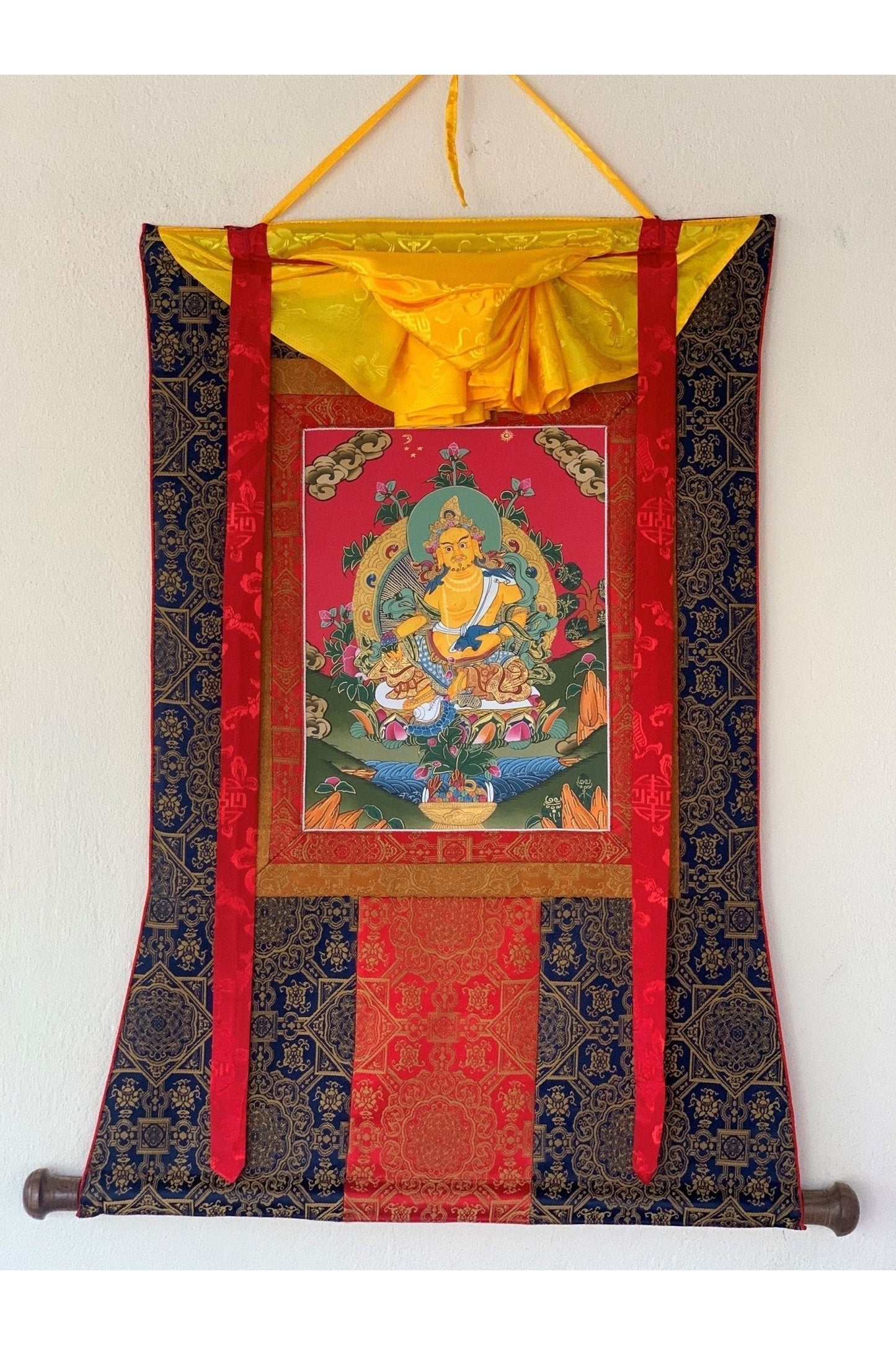 Jambhala, Dzambhala, Dzambala, Zambala, Jambala, Tibetan Thangka Painting, Original Art with Silk Frame - Tibetan Thangka Art