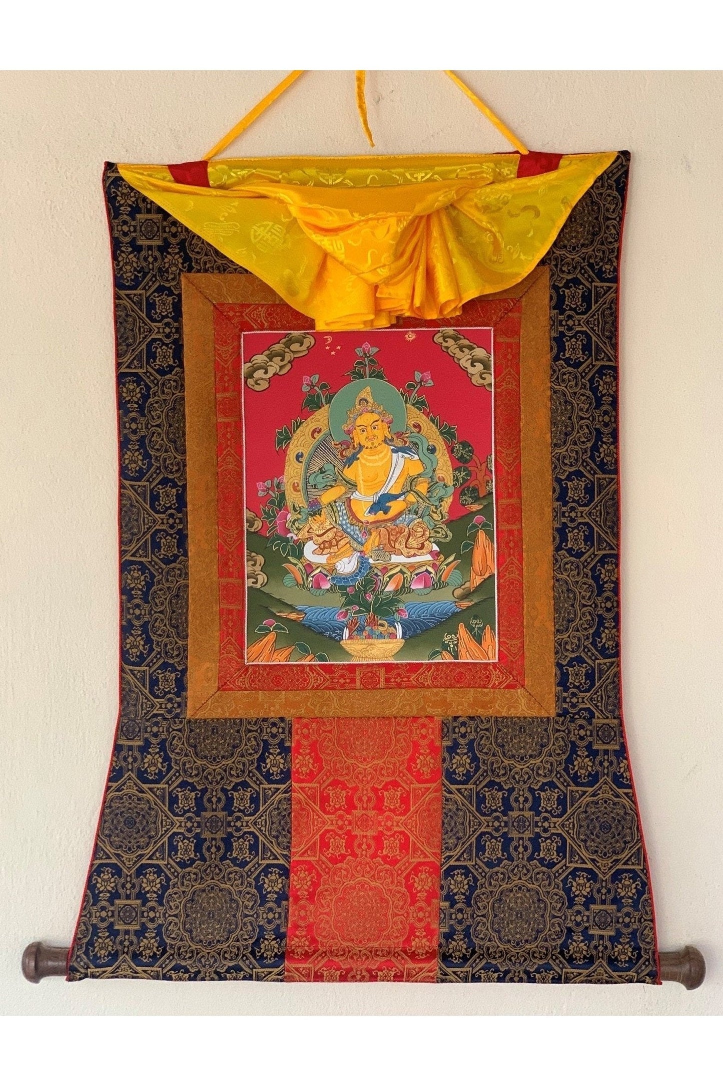 Jambhala, Dzambhala, Dzambala, Zambala, Jambala, Tibetan Thangka Painting, Original Art with Silk Frame - Tibetan Thangka Art