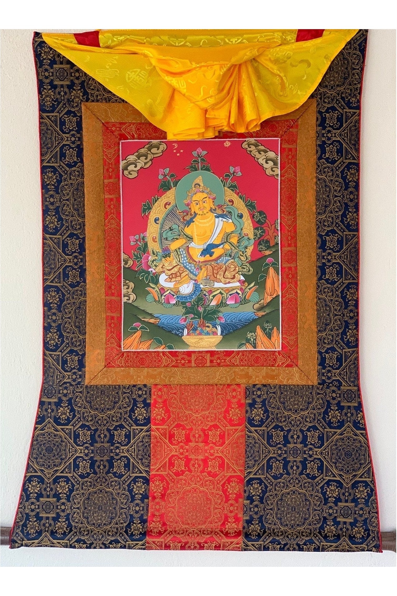 Jambhala, Dzambhala, Dzambala, Zambala, Jambala, Tibetan Thangka Painting, Original Art with Silk Frame - Tibetan Thangka Art