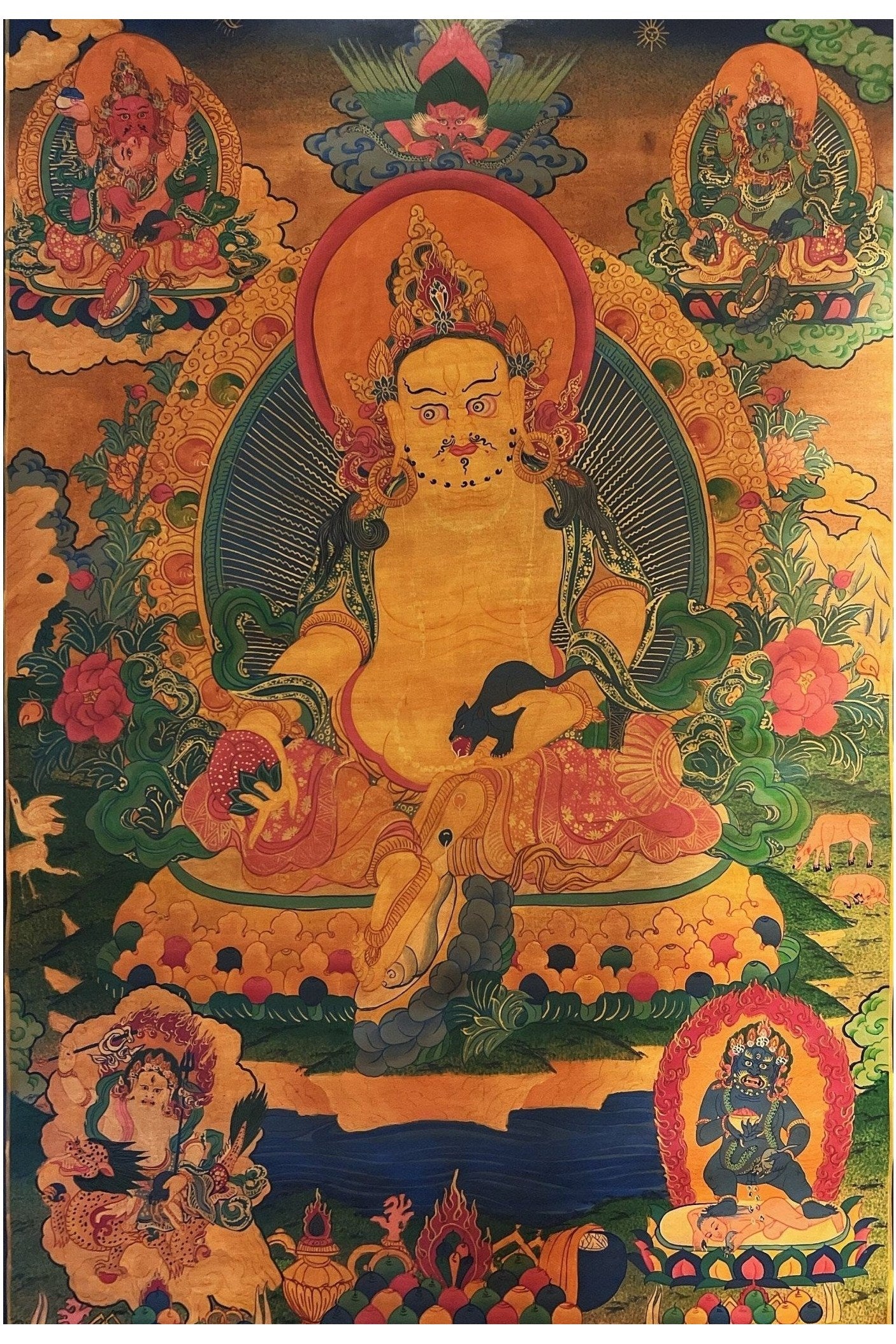 Jambhala/ Zambala/Kubera God of Wealth Master Quality Oil Varnished Old Tibetan Thangka Painting Original Art /Hand painting from Nepal - Tibetan Thangka Art