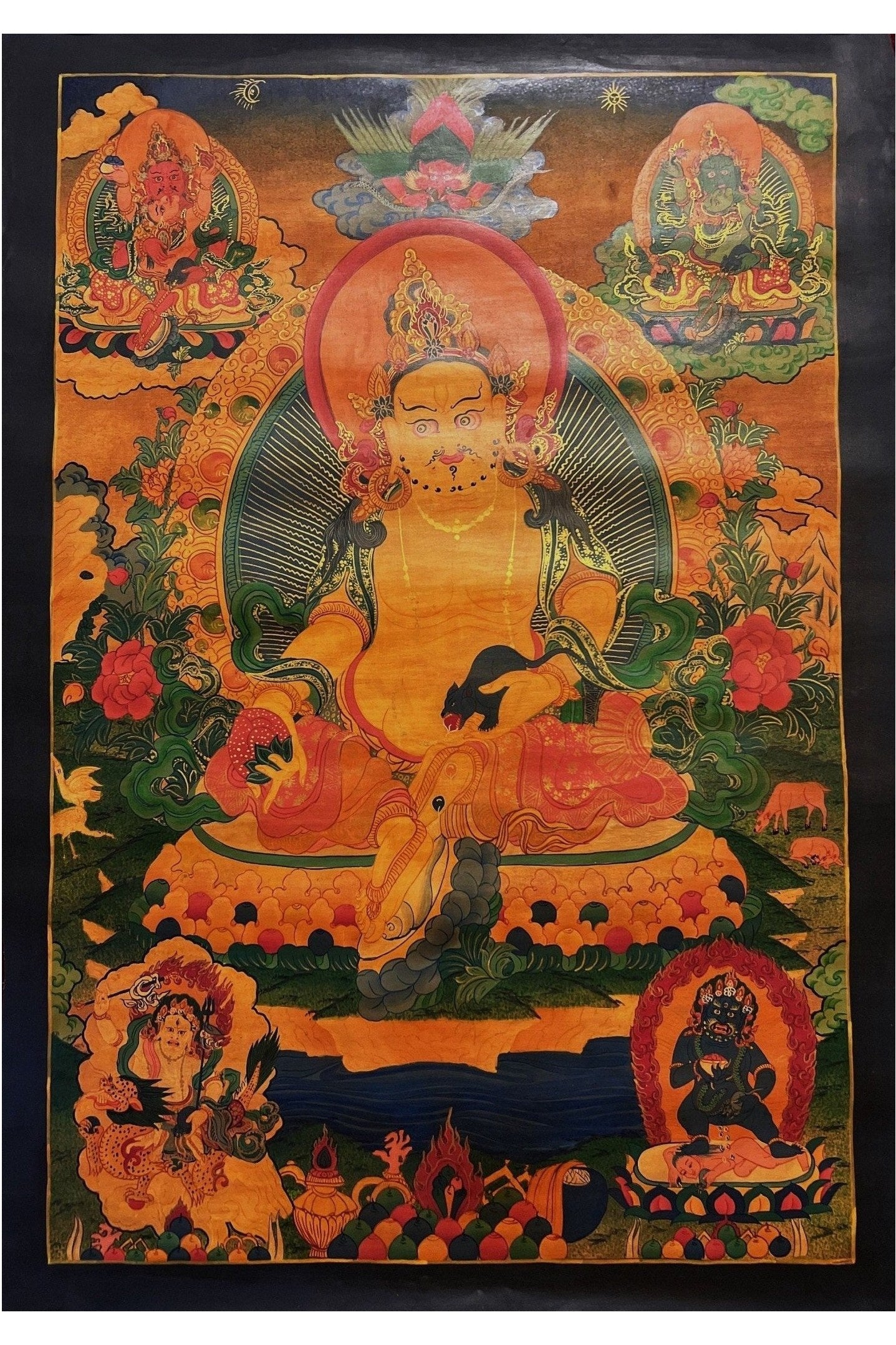 Jambhala/ Zambala/Kubera God of Wealth Master Quality Oil Varnished Old Tibetan Thangka Painting Original Art /Hand painting from Nepal - Tibetan Thangka Art