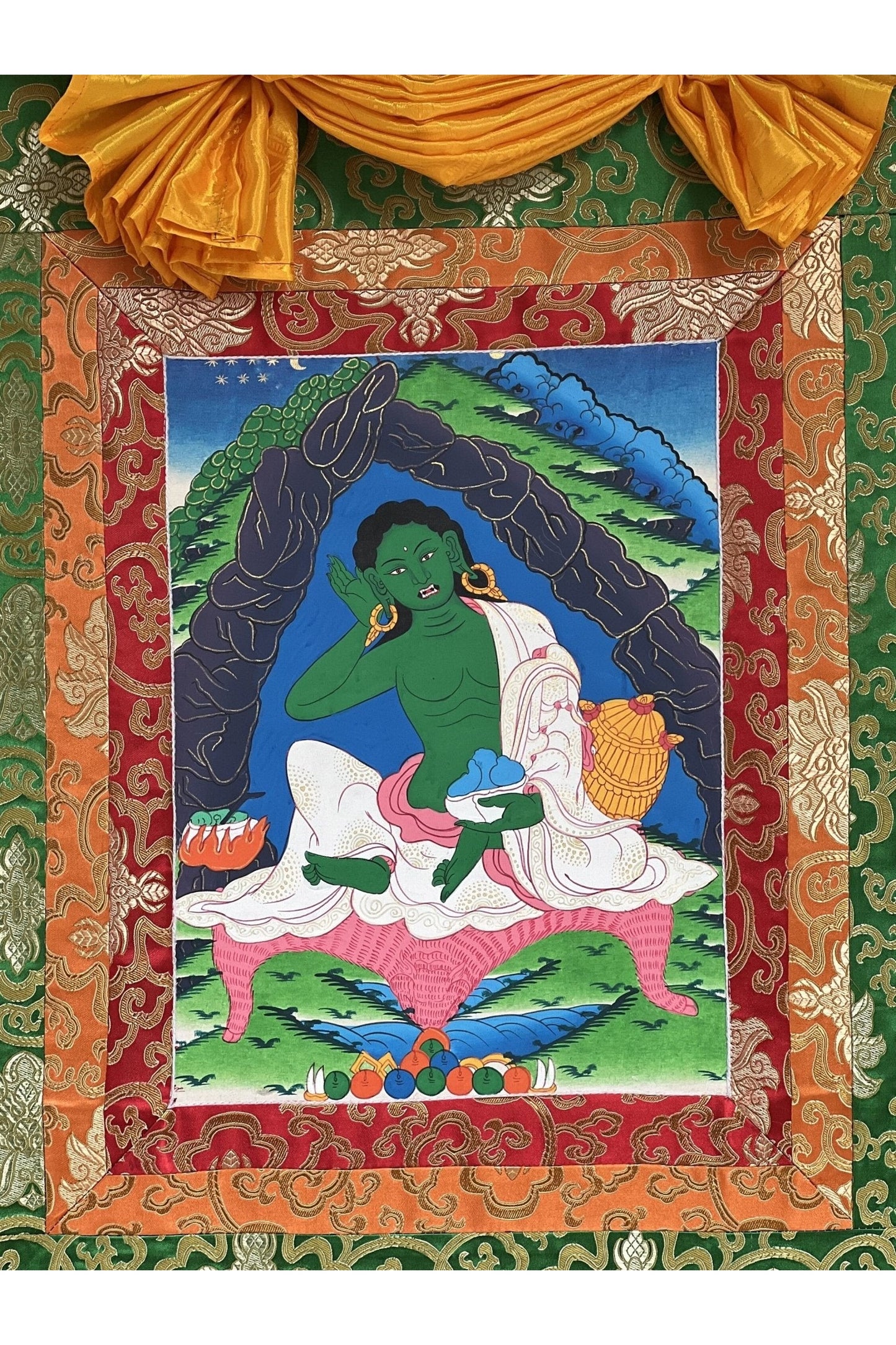 Jetsun Milarepa/Tibetan Yogi/ Siddha/ Poet/ Thangka Painting/ Original Art Bordered with Traditional Silk - Tibetan Thangka Art