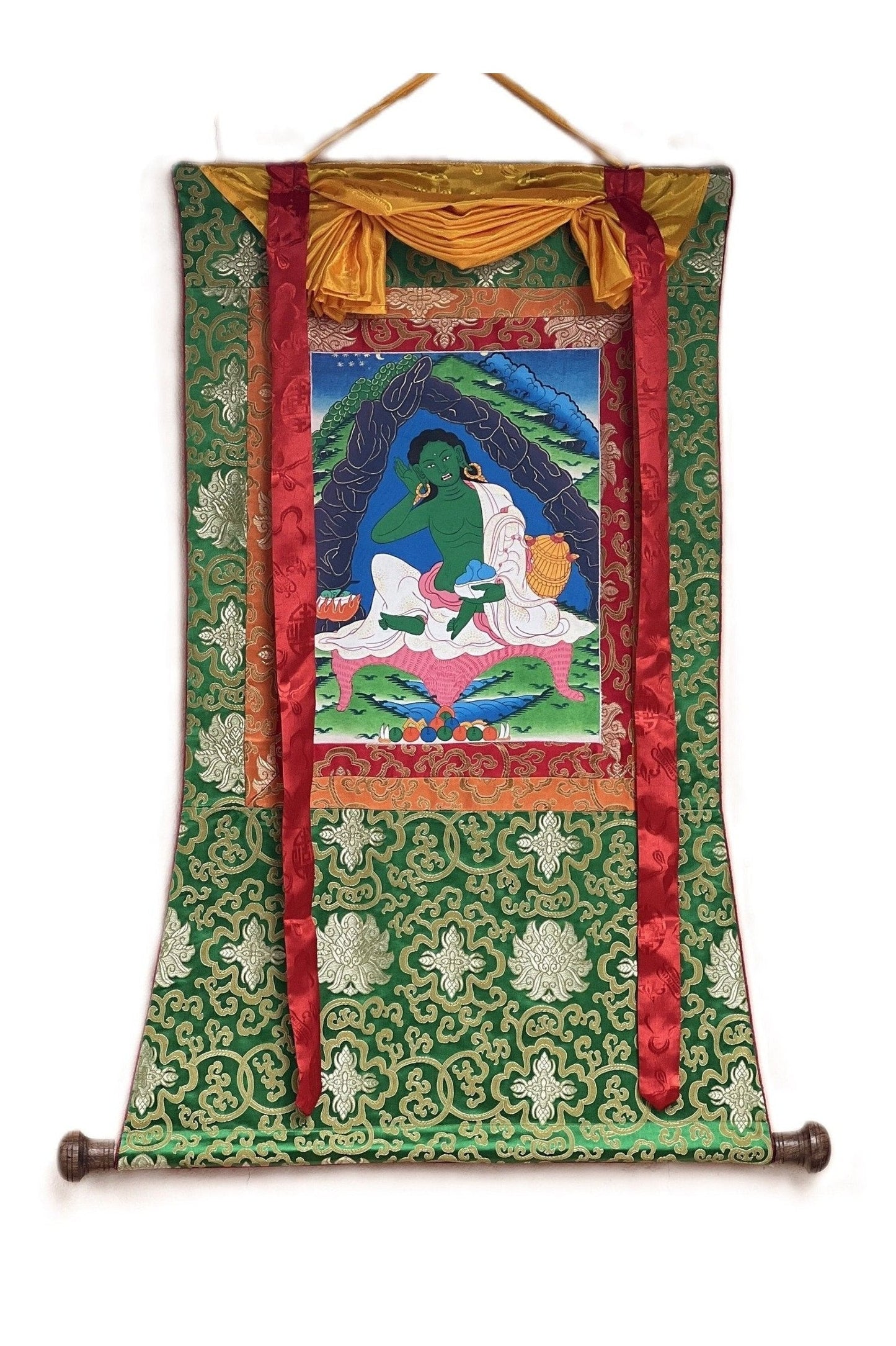 Jetsun Milarepa/Tibetan Yogi/ Siddha/ Poet/ Thangka Painting/ Original Art Bordered with Traditional Silk - Tibetan Thangka Art