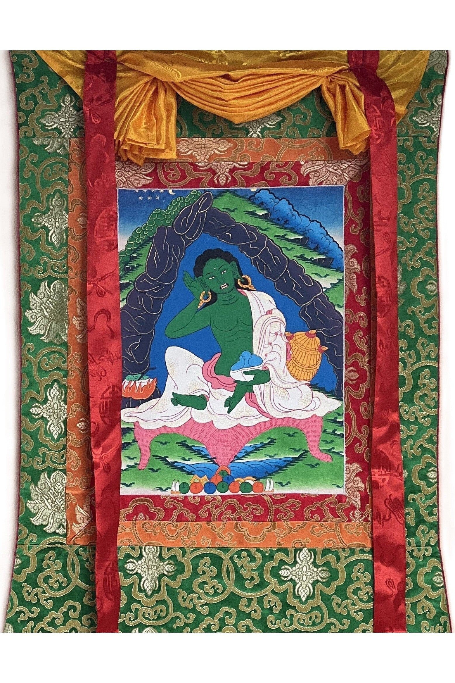 Jetsun Milarepa/Tibetan Yogi/ Siddha/ Poet/ Thangka Painting/ Original Art Bordered with Traditional Silk - Tibetan Thangka Art