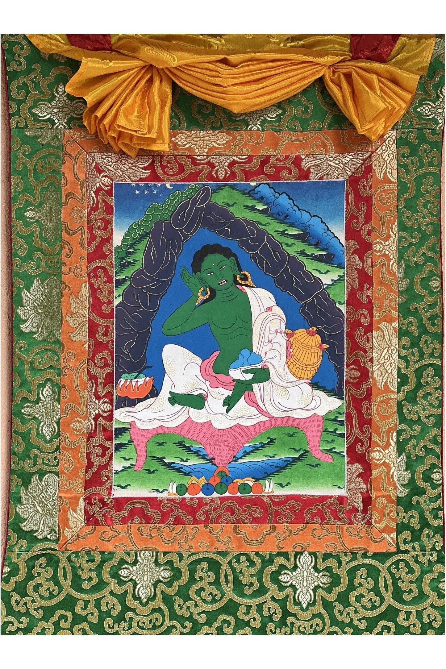 Jetsun Milarepa/Tibetan Yogi/ Siddha/ Poet/ Thangka Painting/ Original Art Bordered with Traditional Silk - Tibetan Thangka Art